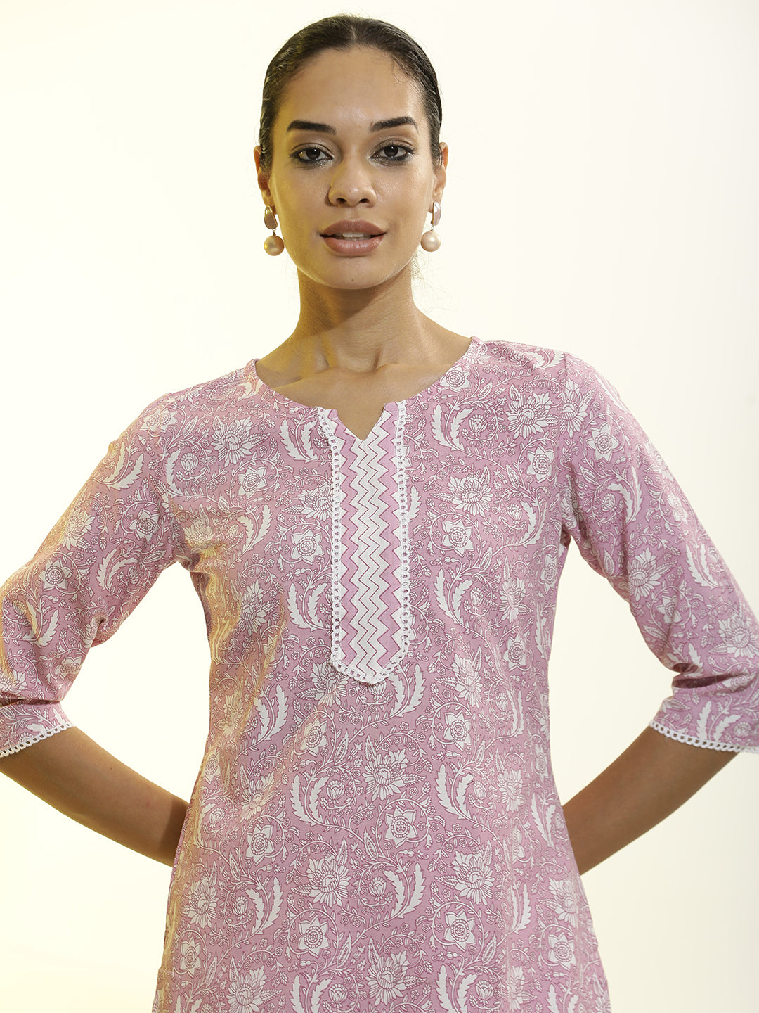 Lavender Floral Printed Cotton Blend Kurta Set