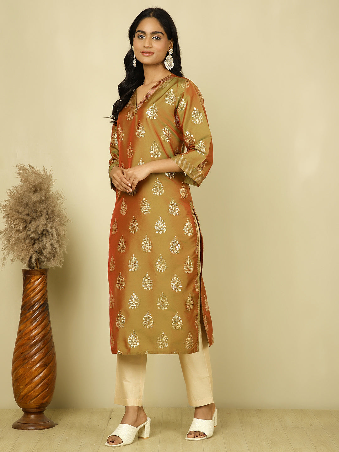 Olive Green Ethnic Printed Straight Kurta