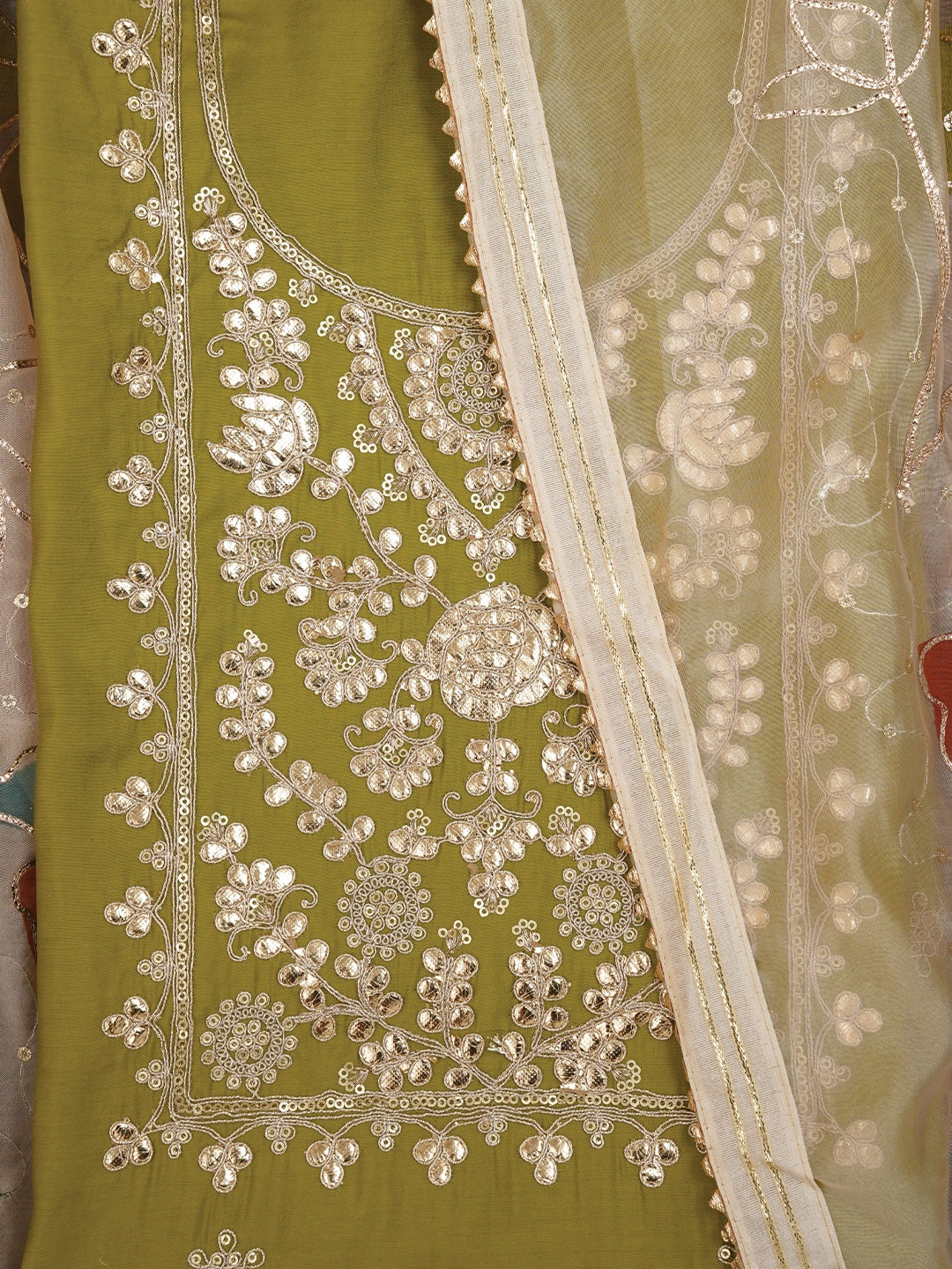 Lime Floral Printed Embroidered Pure Silk Dress Material with Dupatta