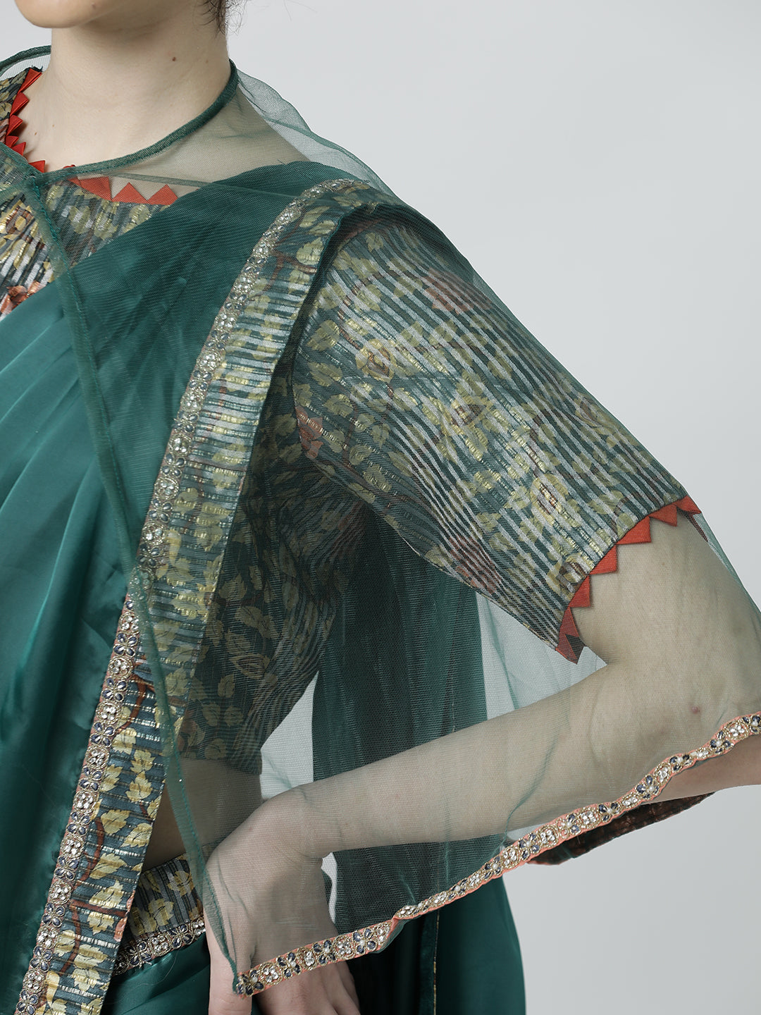 Green Satin Silk Readymade Saree with Readymade Blouse