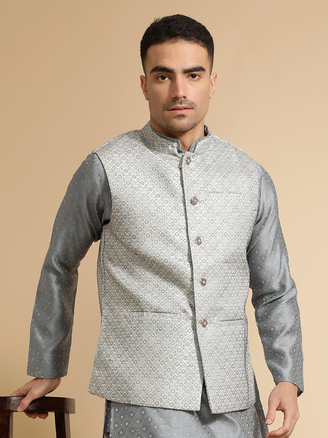 Grey Silk Blend Kurta With Woven Design Nehru Jacket Set