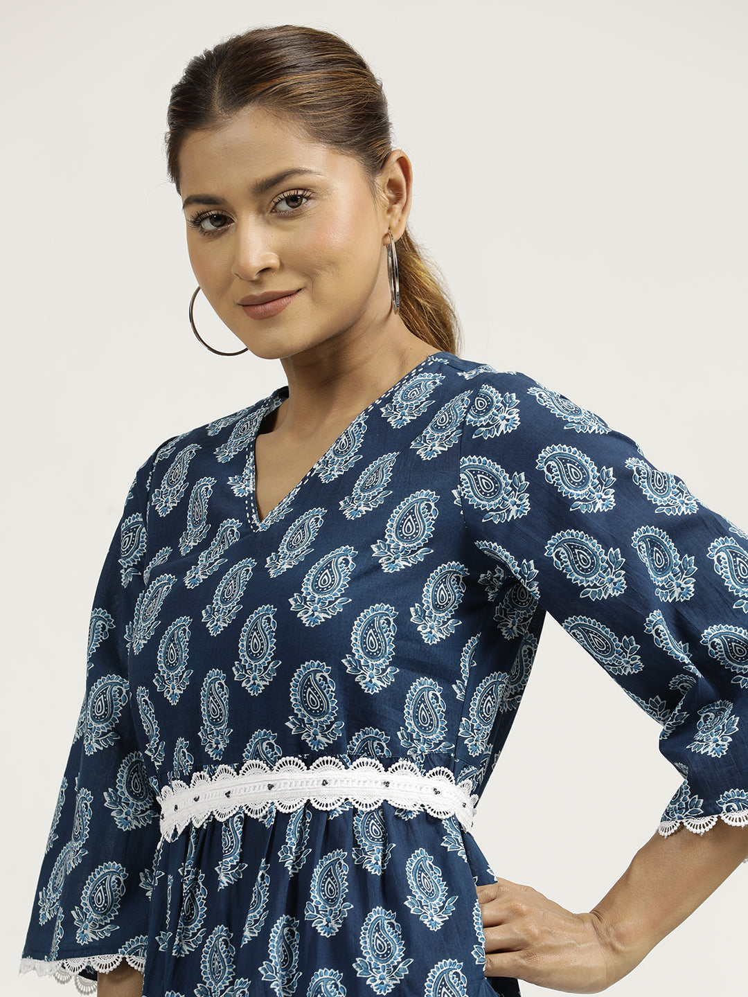 Paisley Indigo Blue Tier Cotton Dress With Belt