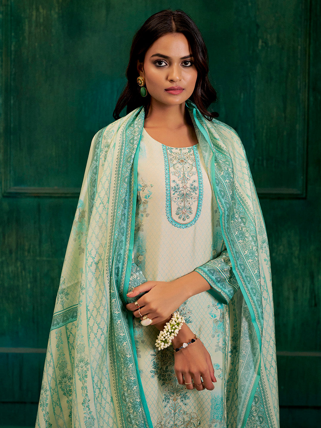 Sea Green Hand Embroidered Printed Kurta Set With Dupatta