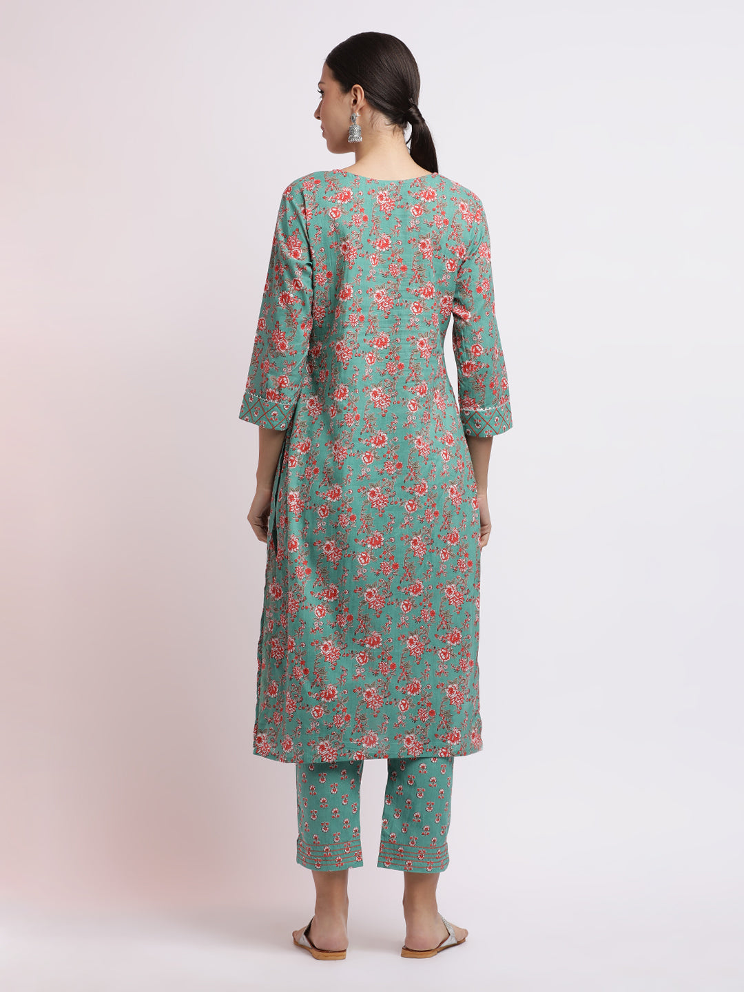 Turquoise Blue Floral Printed Pure Cotton Kurta Set