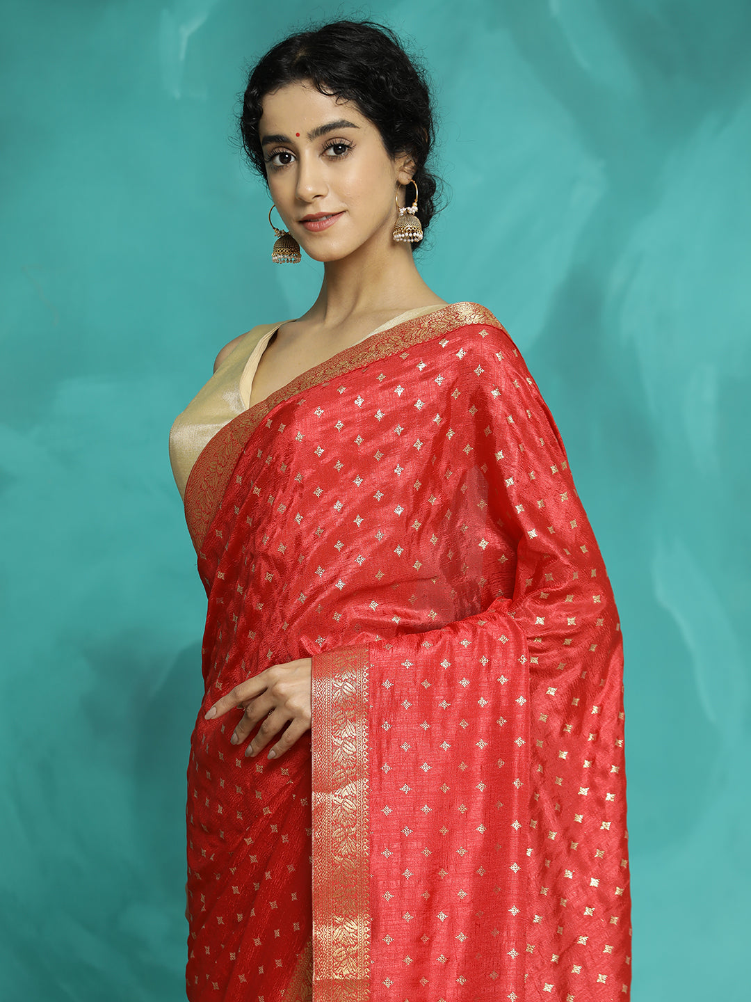 Red Silk Blend Floral Zari Woven Heavy Saree