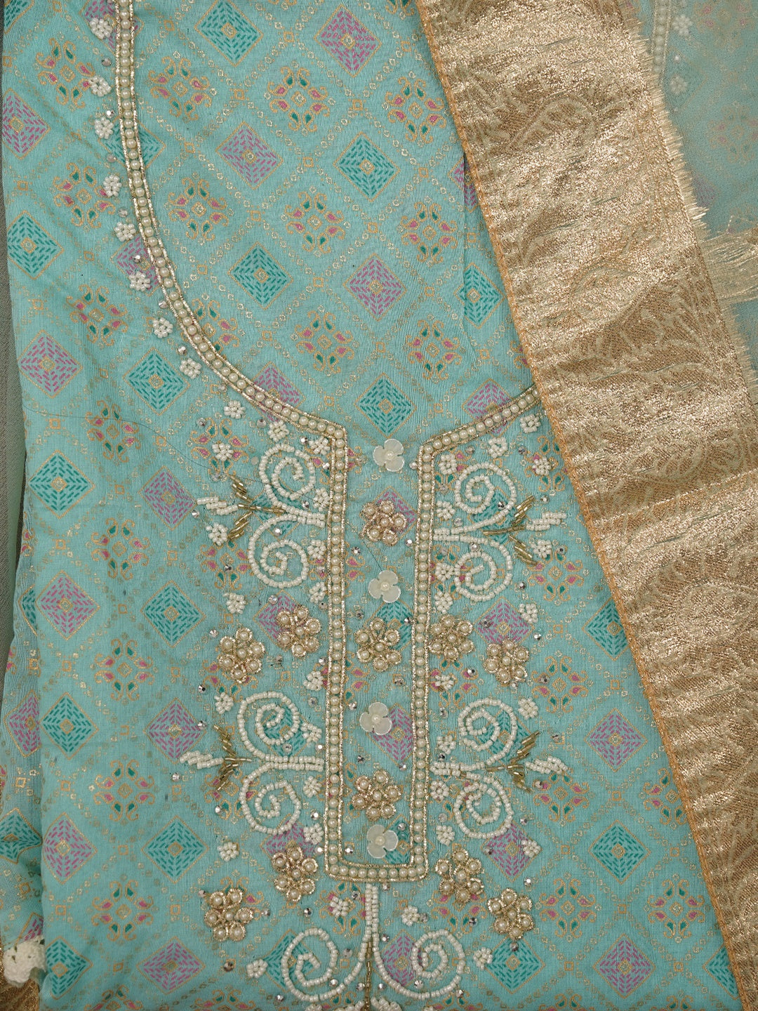 Sea Green Unstitched Embellished Cotton Blend Dress Material with Dupatta