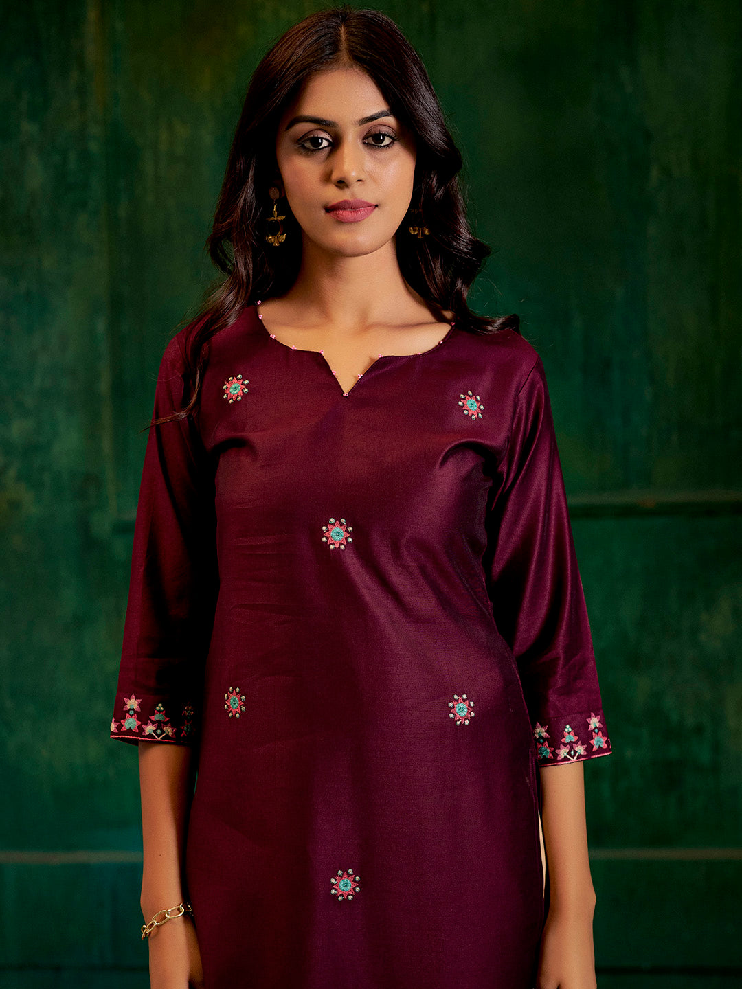 Burgundy Self Woven Embroidered Straight Kurta