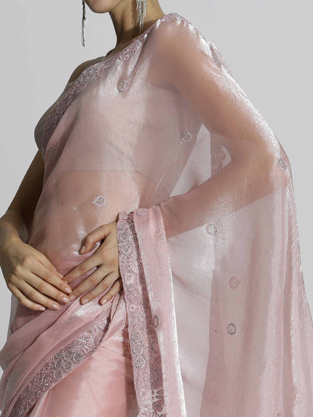 Party Wear Embroidered Tissue Pink Saree