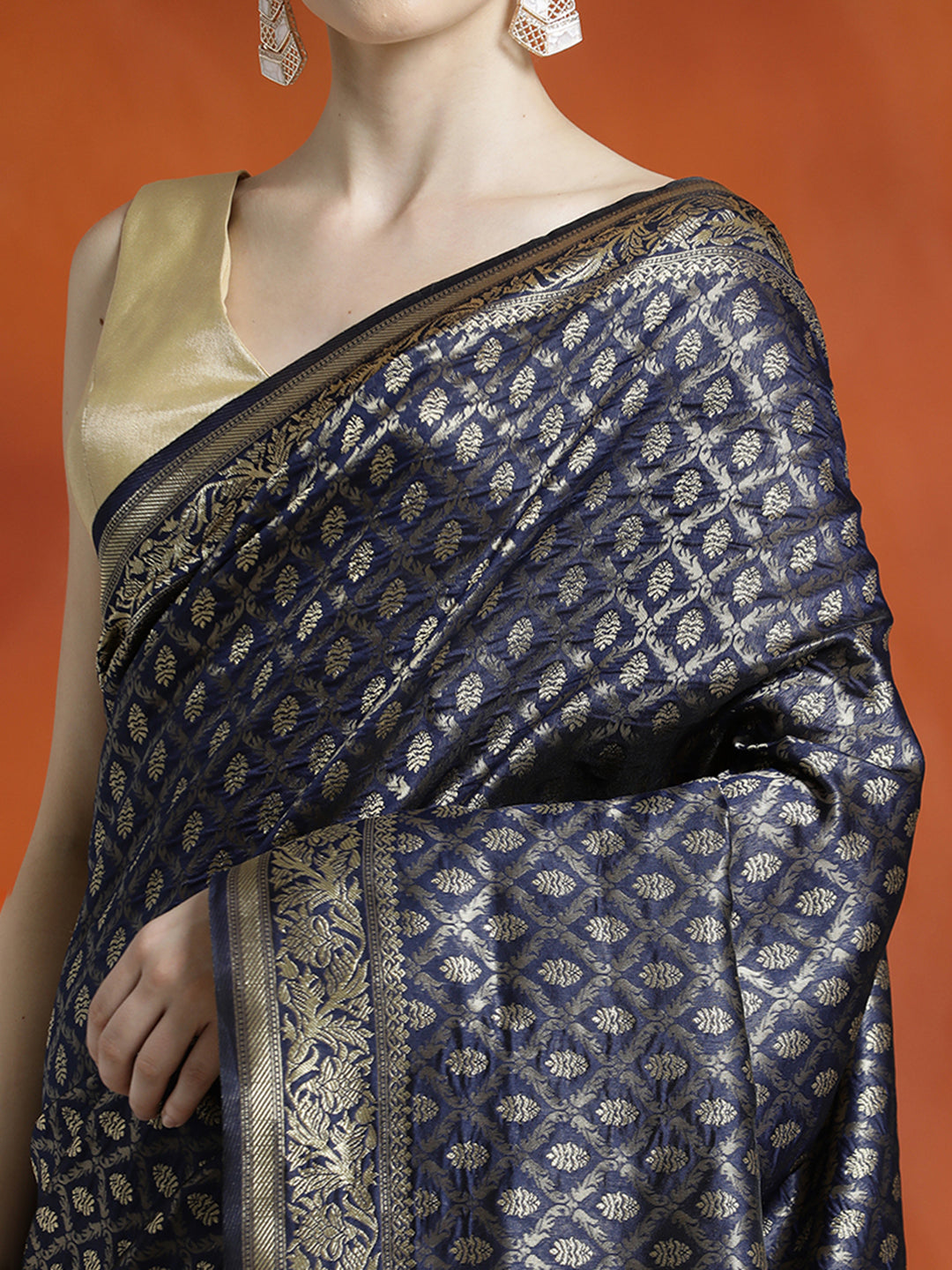 Navy Blue Silk Banarasi Zari Woven Heavy Saree