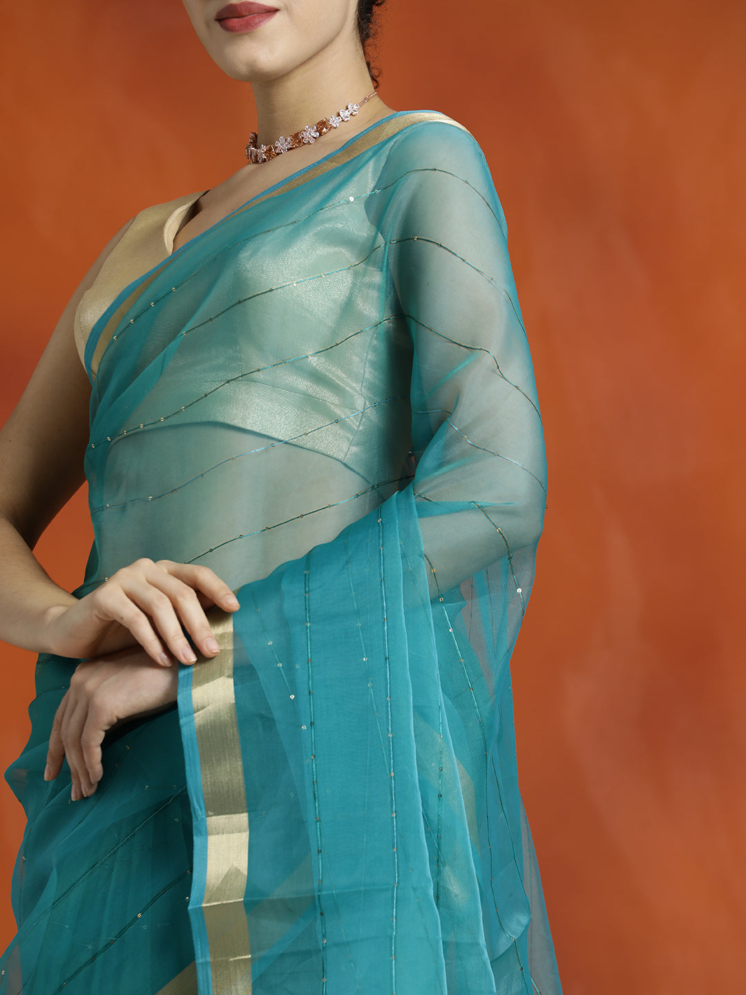 Teal Sequin Embellished Banarasi Organza Saree