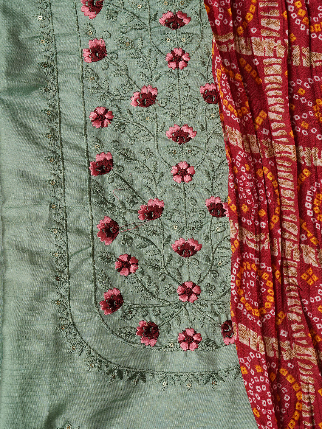 Unstitched Printed Green Pure Cotton Dress Material With Dupatta