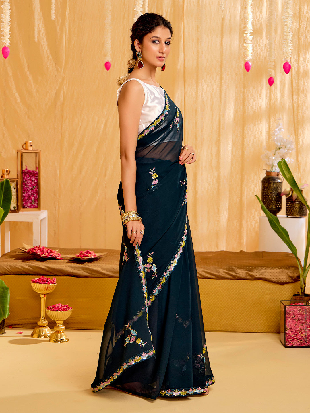 Teal Pure Georgette Sequin Work Party Wear Saree