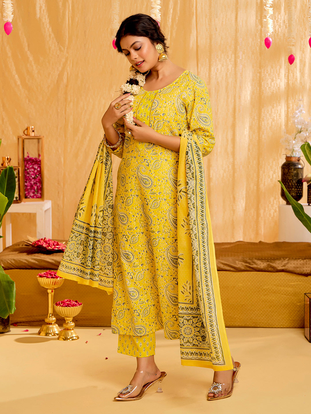 Yellow Ethnic Printed Pure Cotton Suit Set