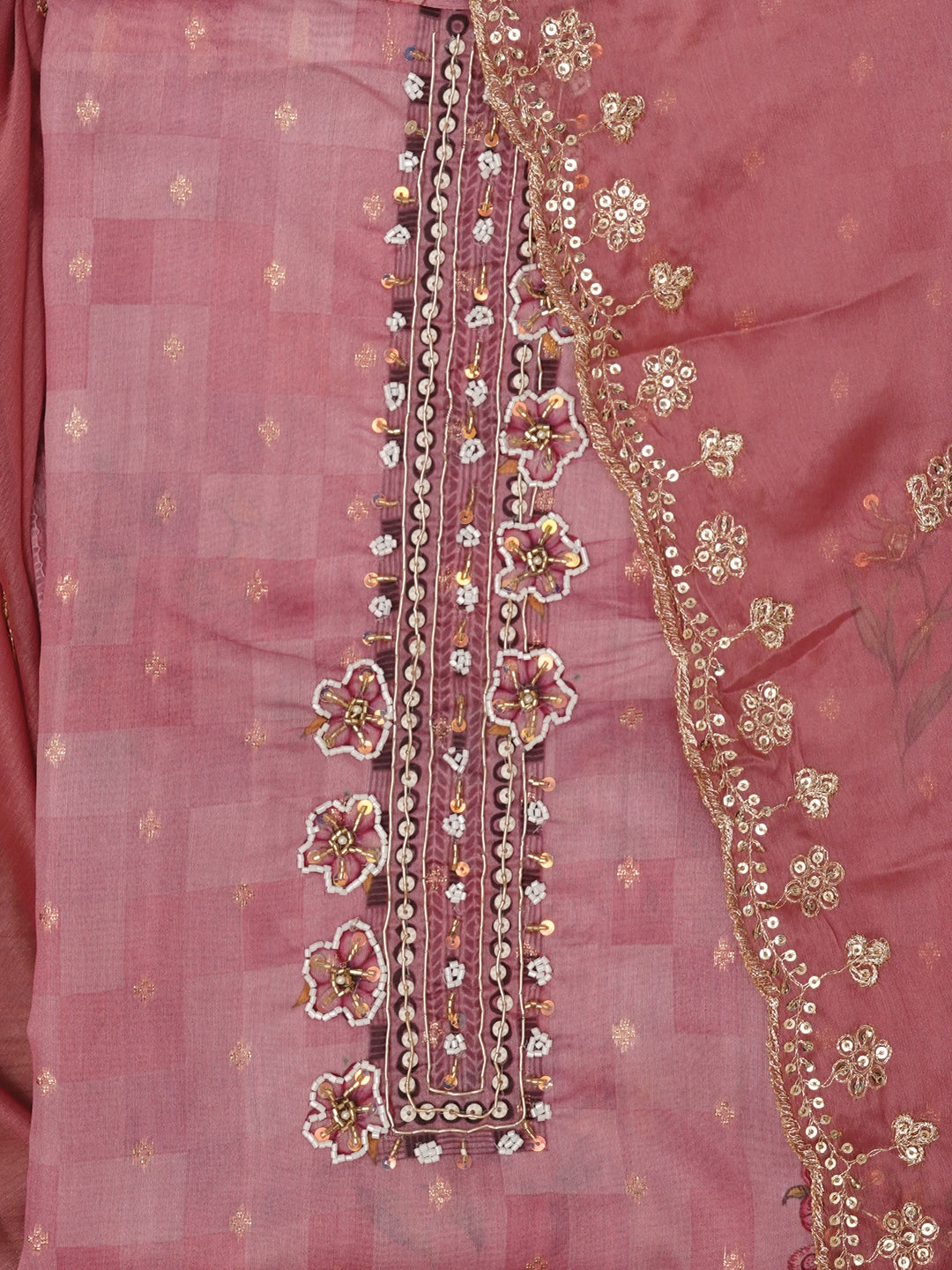 Pink Floral Printed Embellished Cotton Dress Material with Dupatta