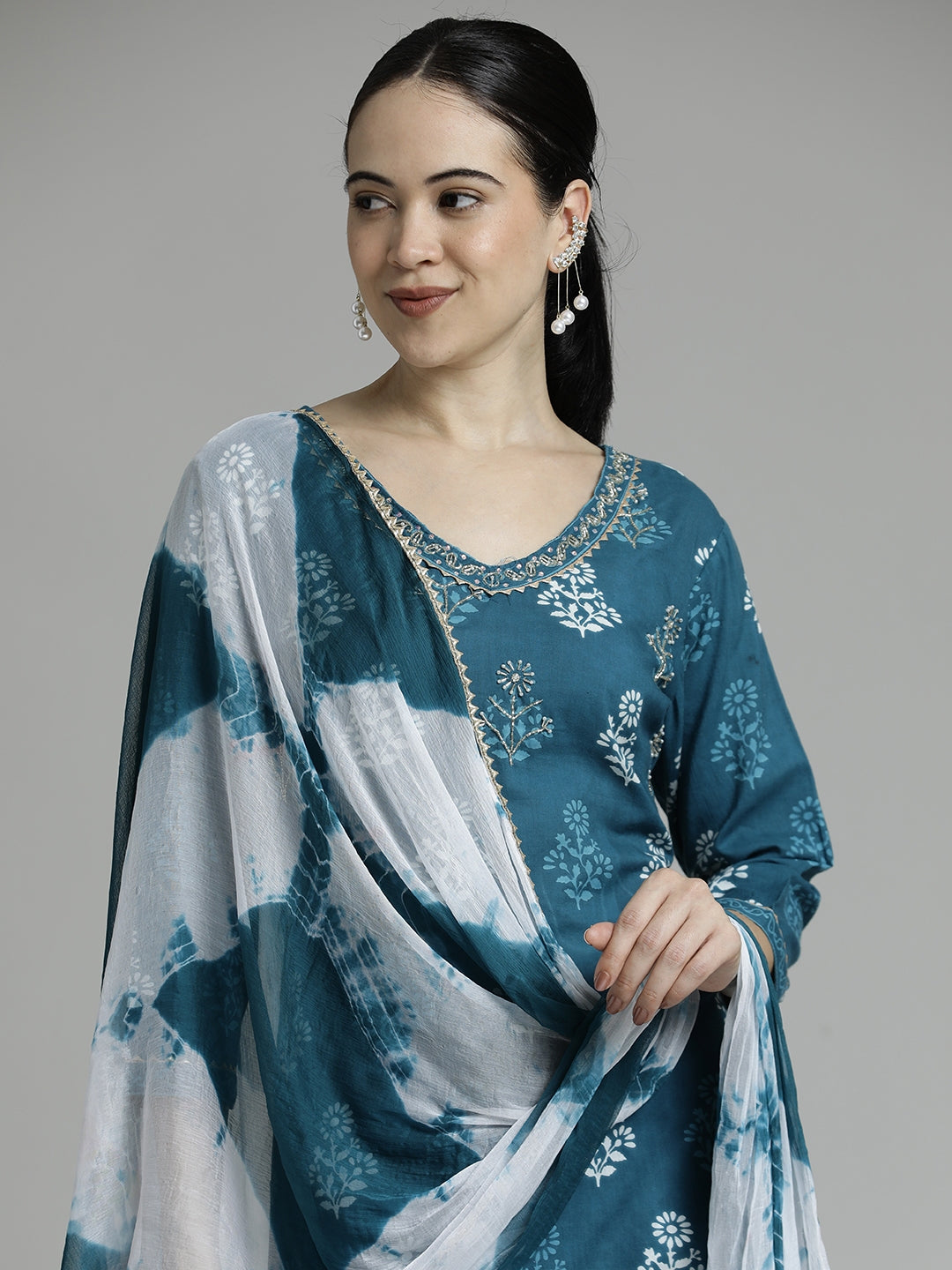 Ethnic Motif Cotton Blue Kurta Set With Dupatta