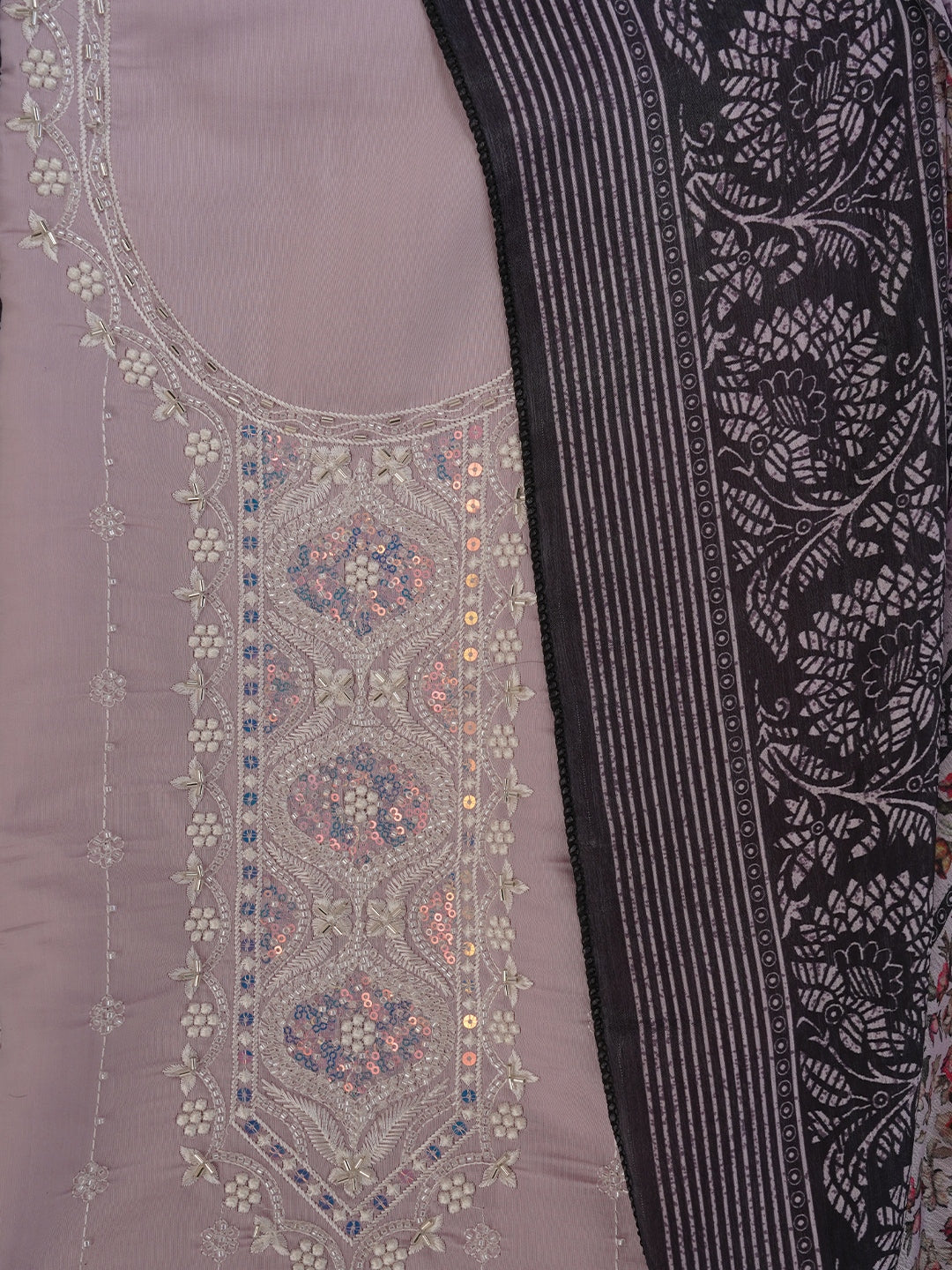 Lavender Embellished Pure Silk Dress Material with Dupatta