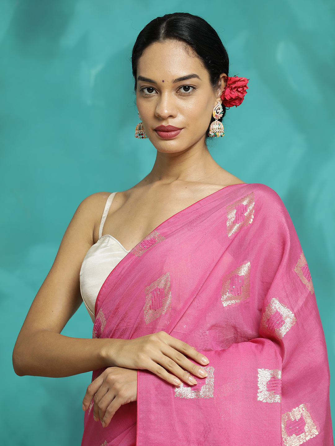 Pink Zari Woven Cotton Blend Banarasi Saree