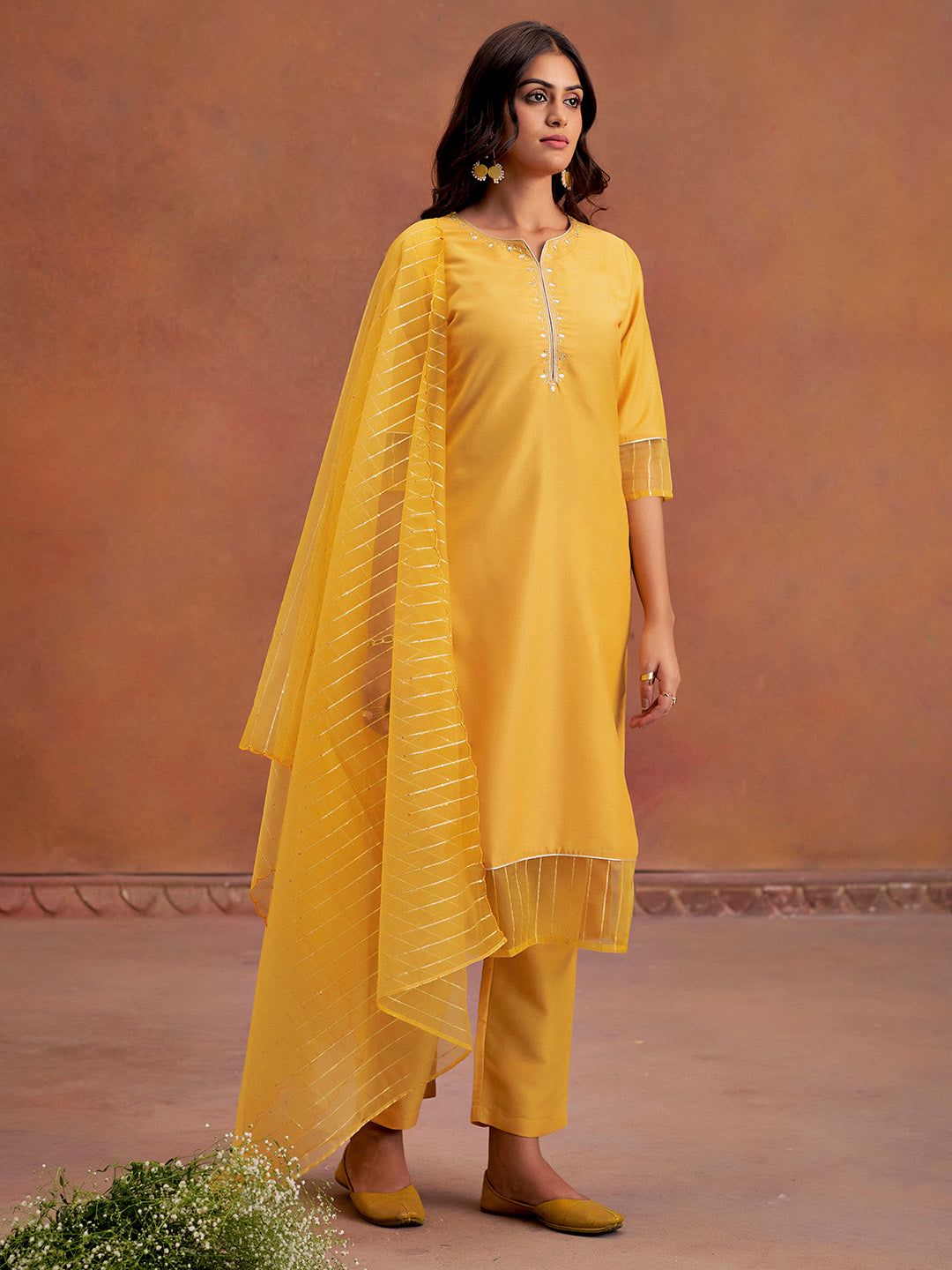 Mustard Festive Embroidered Poly Silk Kurta Set With Dupatta