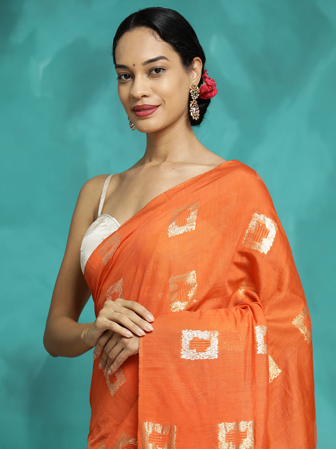 Orange Zari Woven Cotton Blend Banarasi Saree