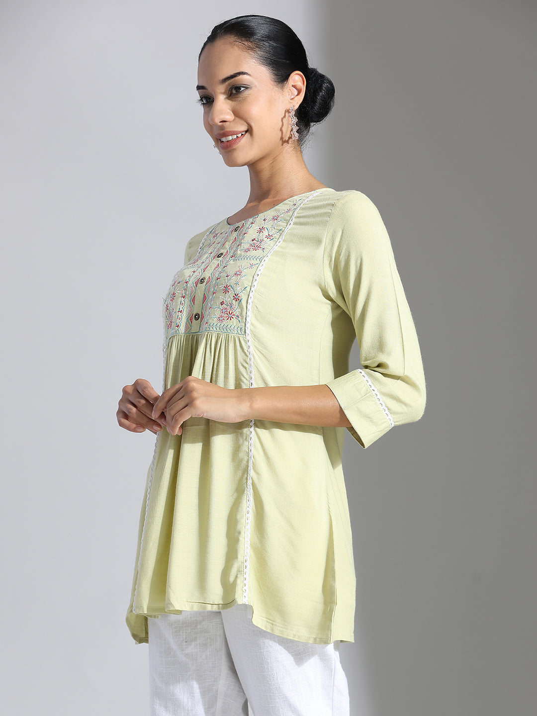 Green Embroidered Rayon Gathered Top