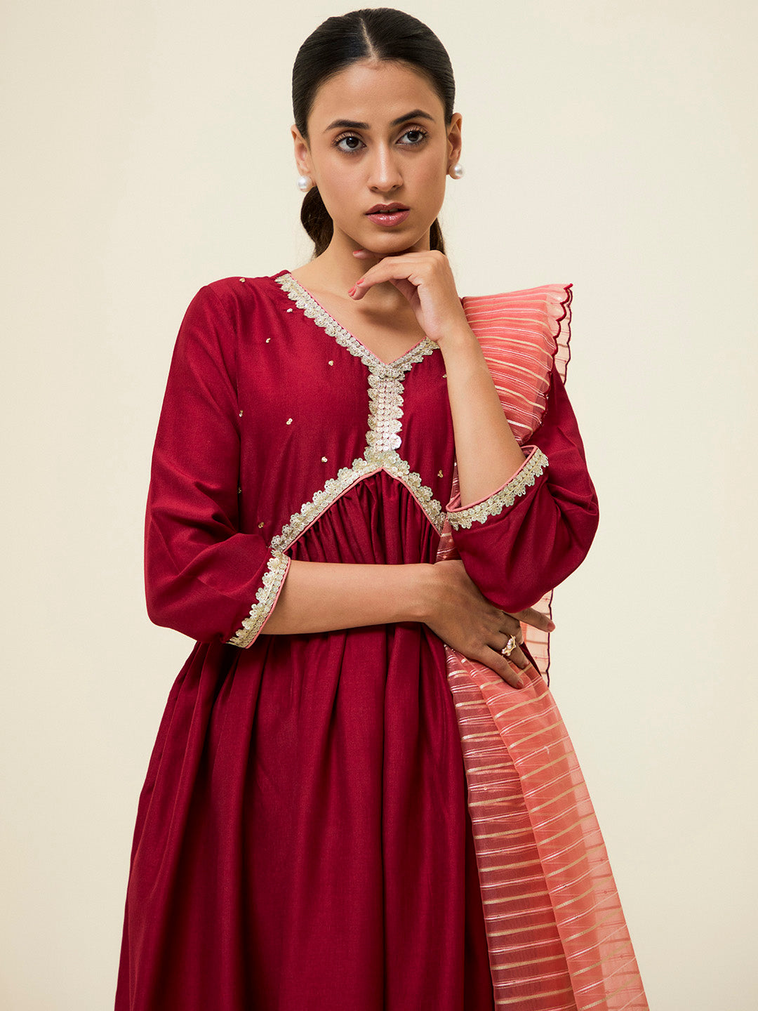 Maroon Embroidered Festive Kurta Set