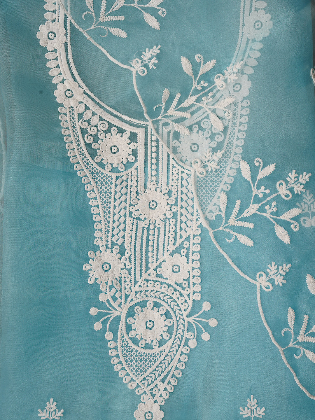 Unstitched Sky Blue Embroidered Organza Dress Material With Dupatta