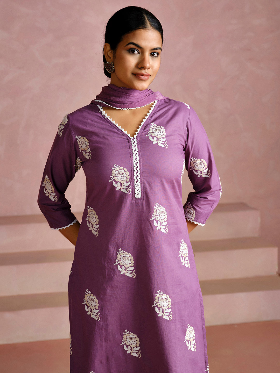 Dusty Purple Thread Embroidered Cotton Kurta Set With Dupatta