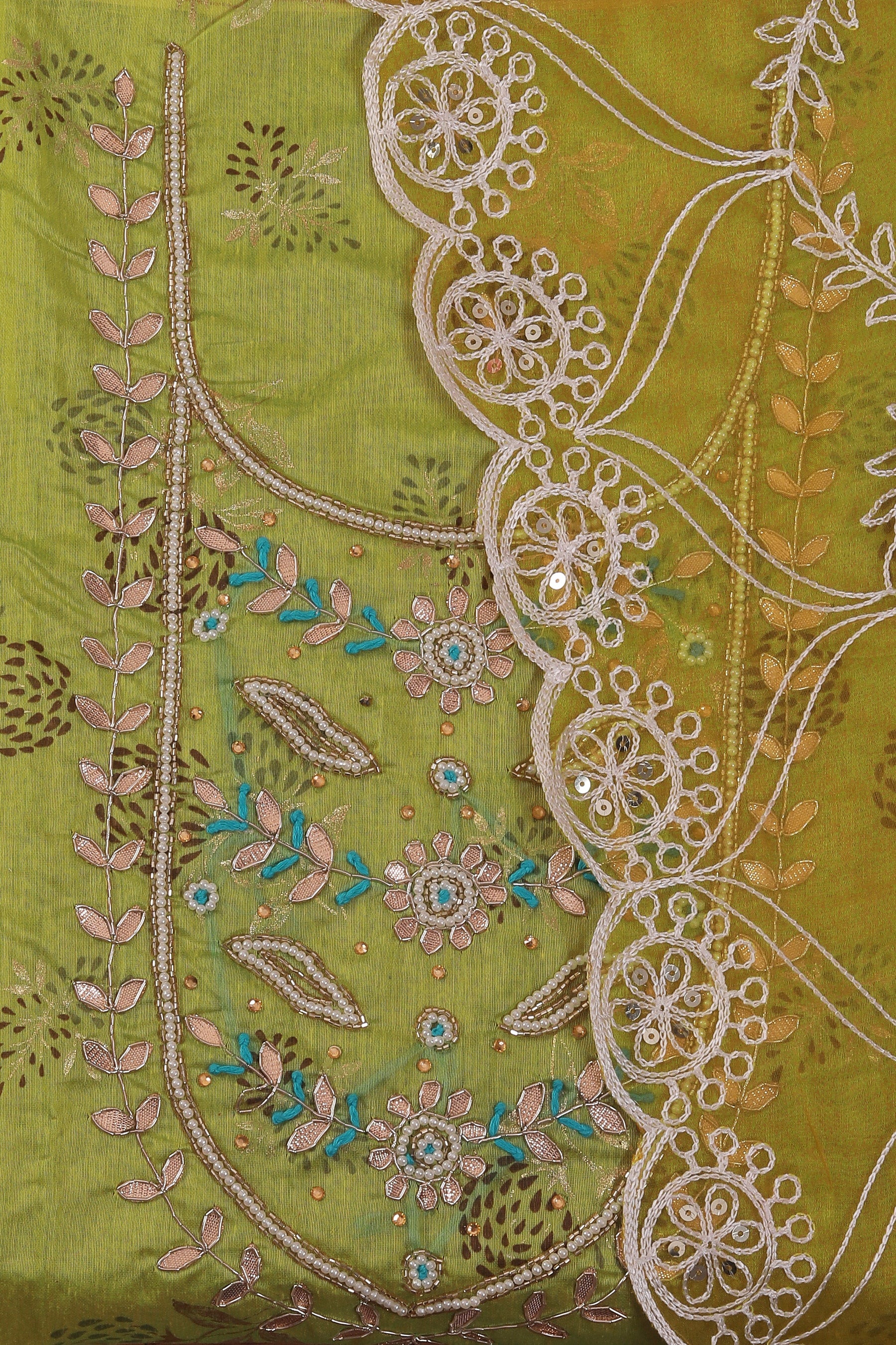 Light Green Unstitched Embellished Cotton Dress Material With Dupatta