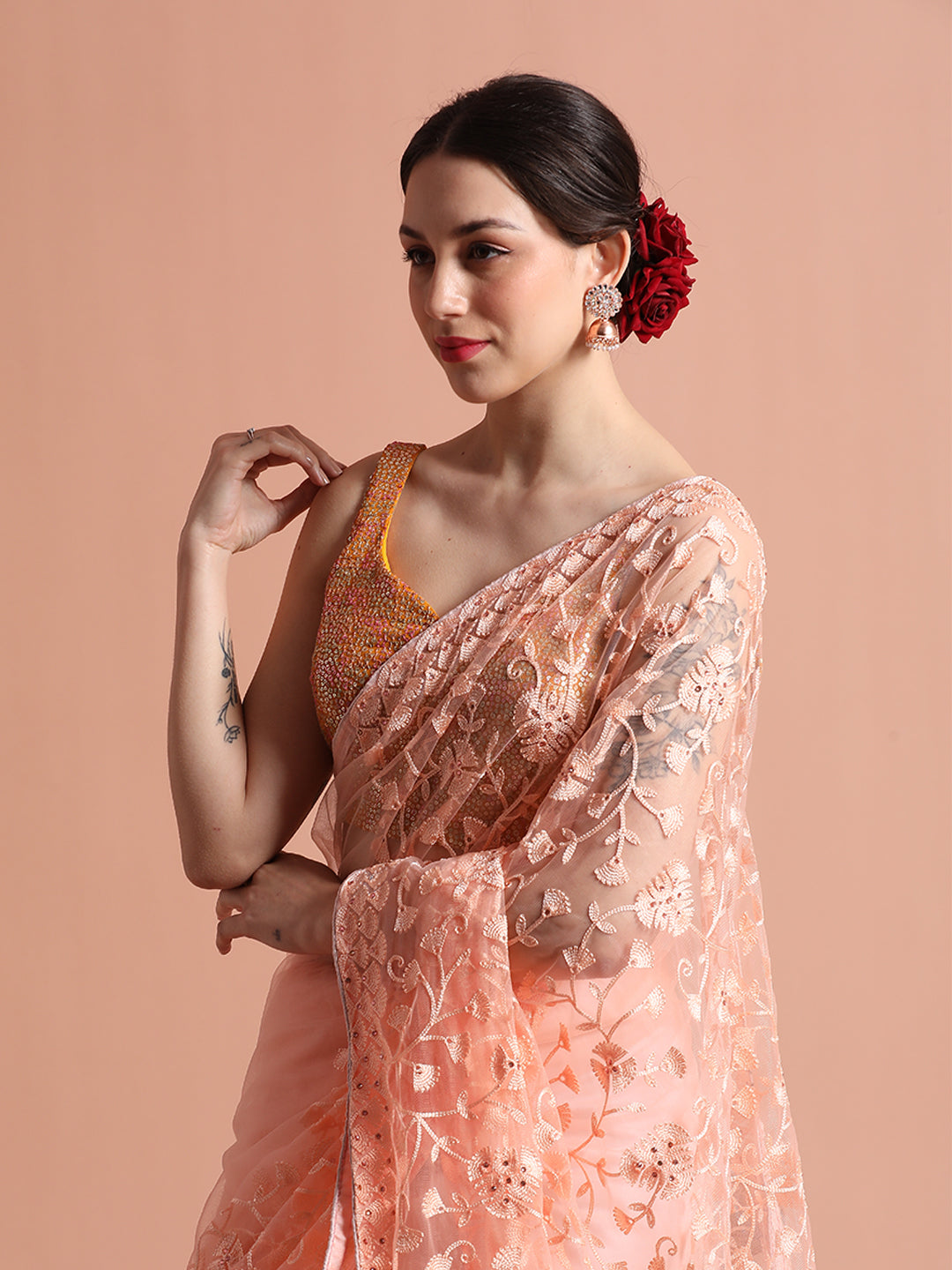 Peach Party Wear Floral Embroidered Net Saree