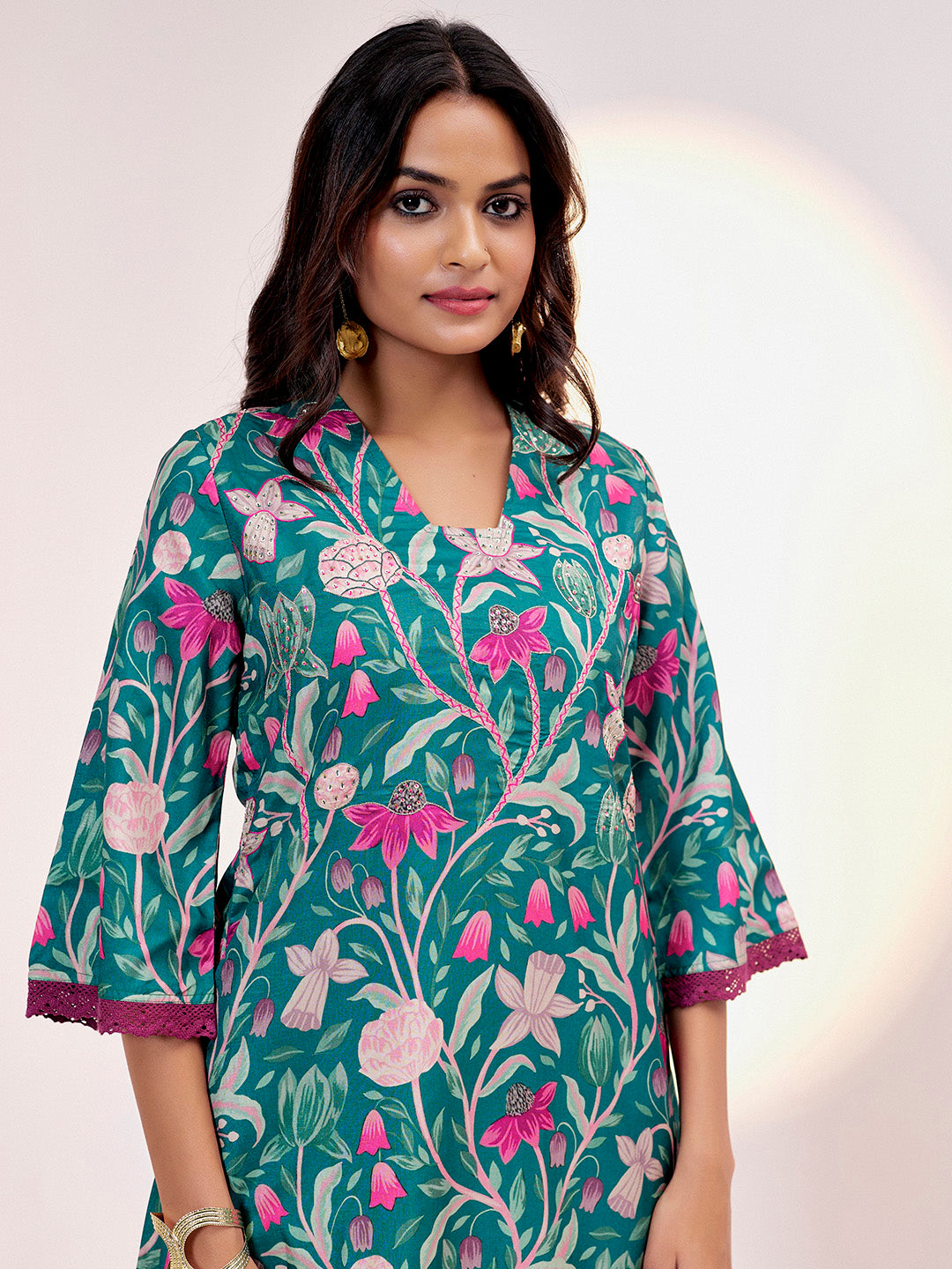 Green Botanical Printed A-line Kurta