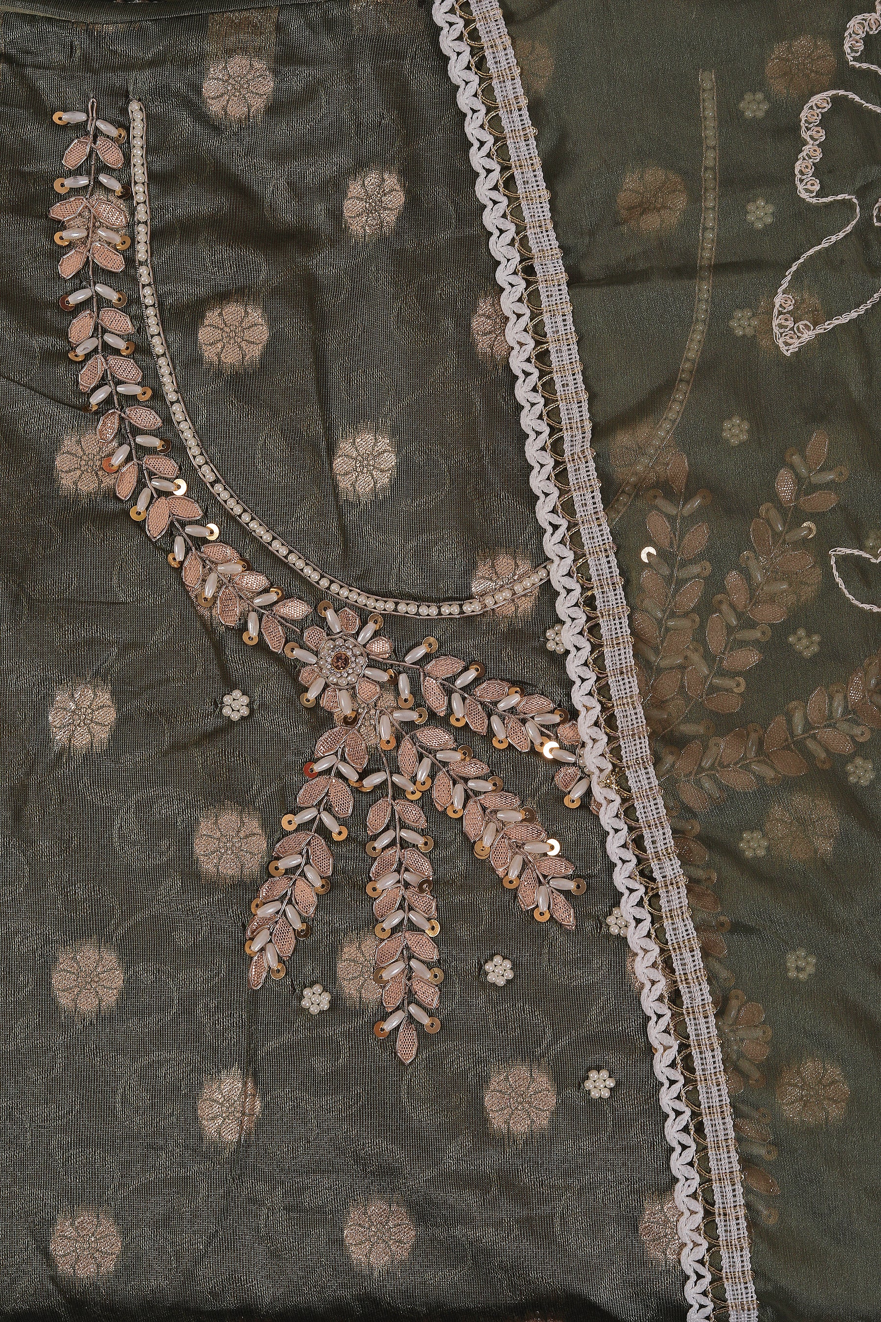 Mehndi Woven Silk Blend Dress Material With Dupatta