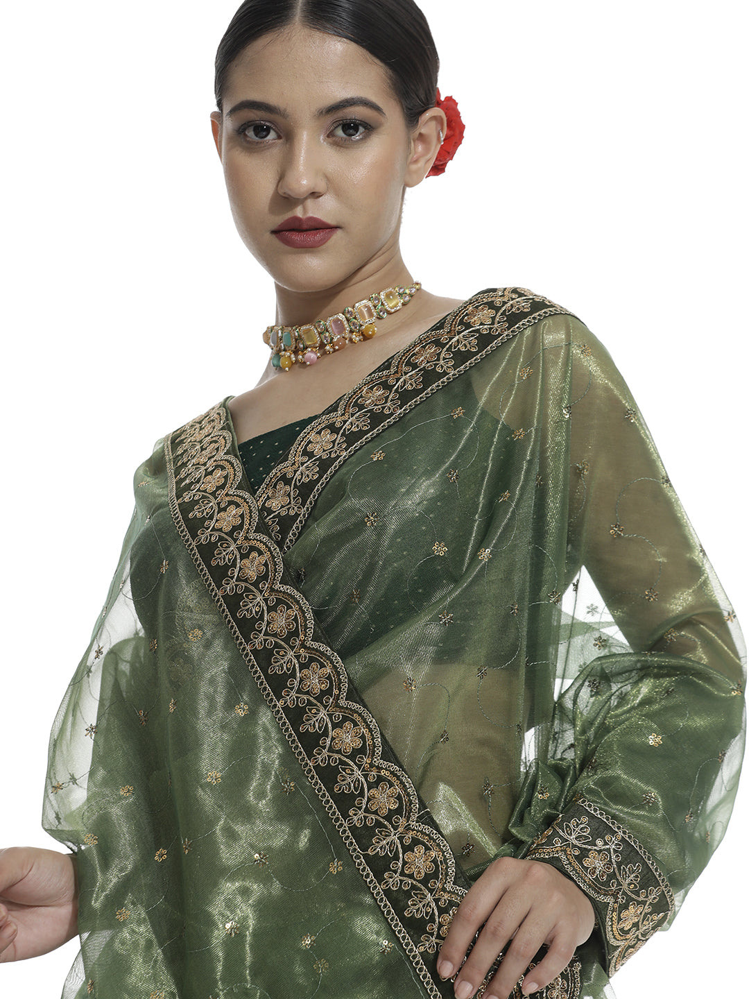 Green Sequin Embroidered Net Party Wear Saree