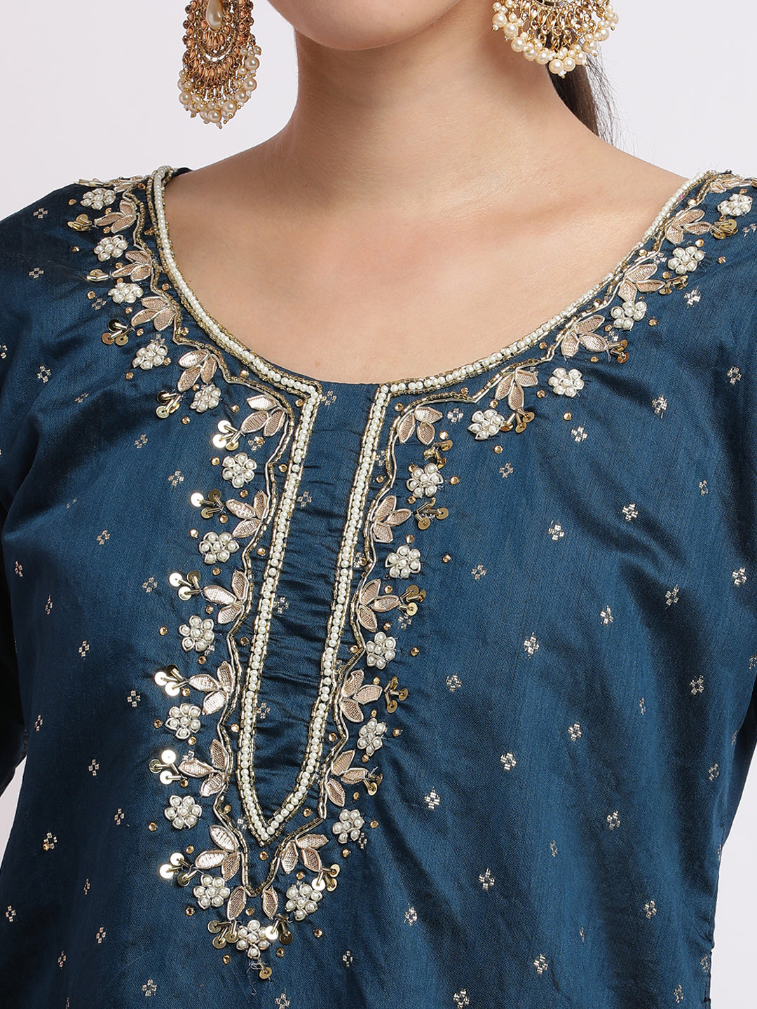 Teal Embroidered Cotton Blend Kurta Set With Dupatta