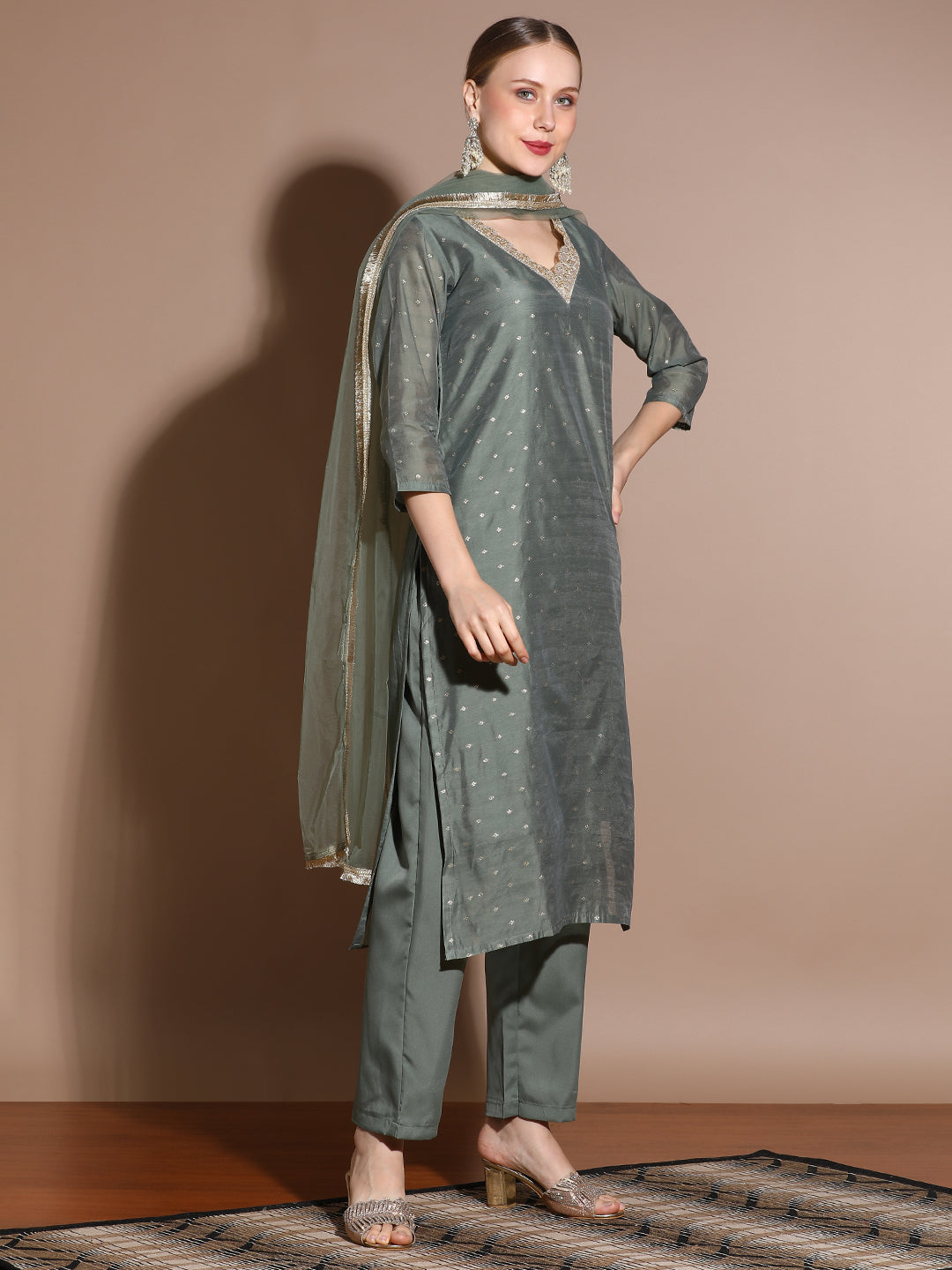 Olive Chanderi Woven Festive Kurta Set With Dupatta