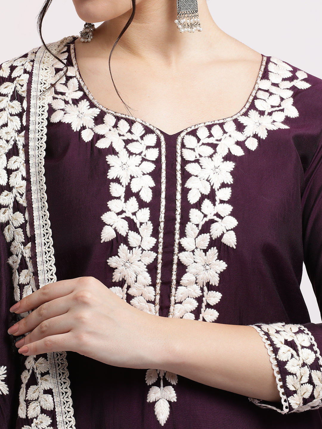 Purple Floral Embroidered Festive Kurta Set With Dupatta