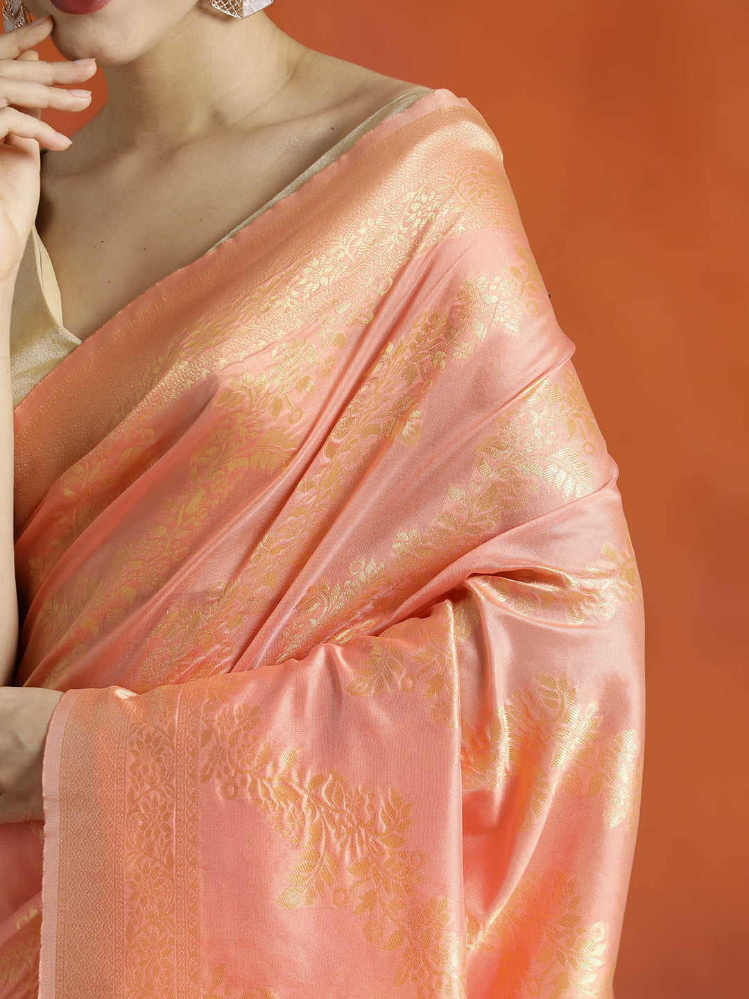 Peach Heavy Banarasi Zari Woven Silk Blend Saree