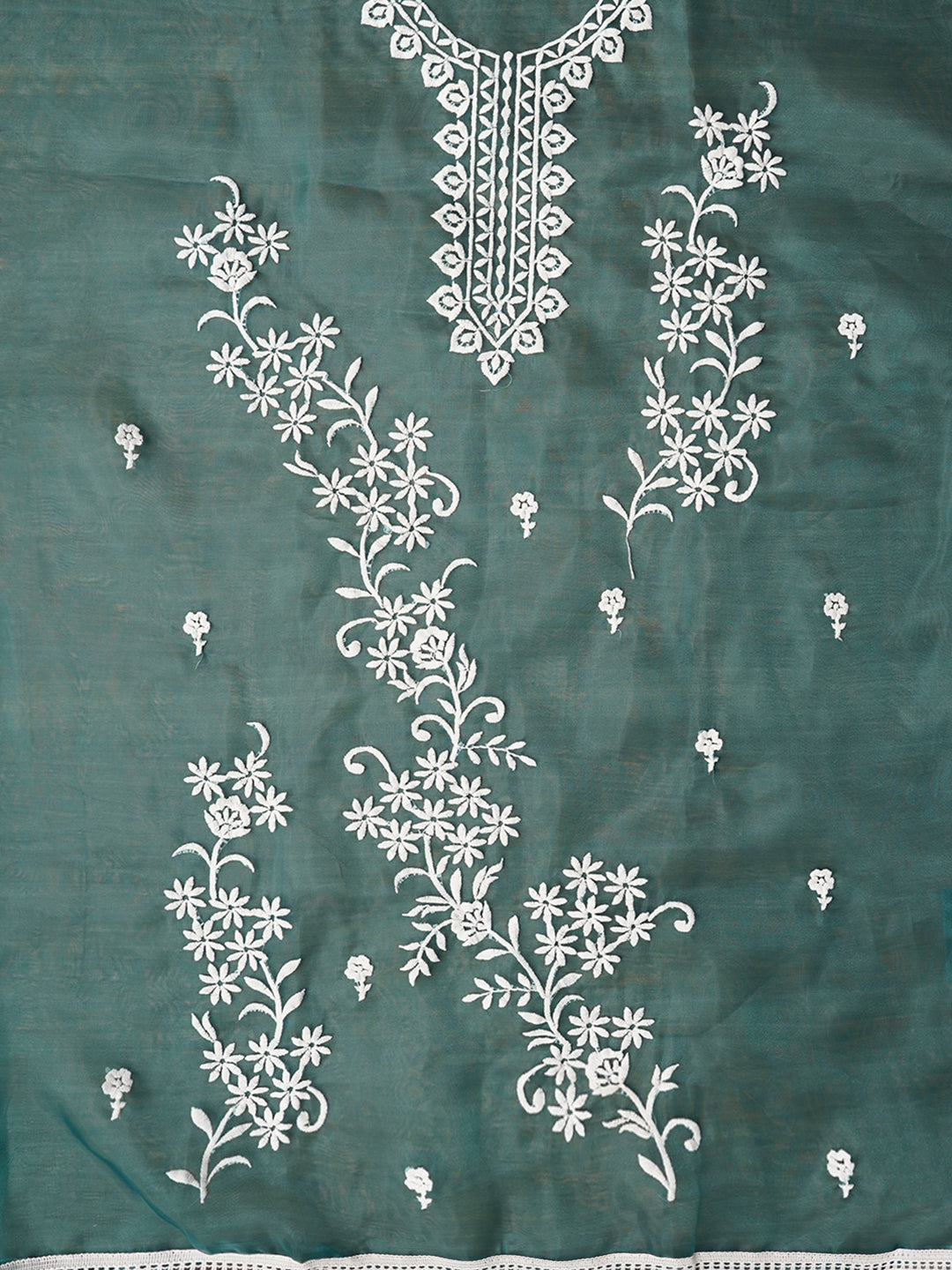 Sea Green Floral Embroidered Organza Dress with Dupatta