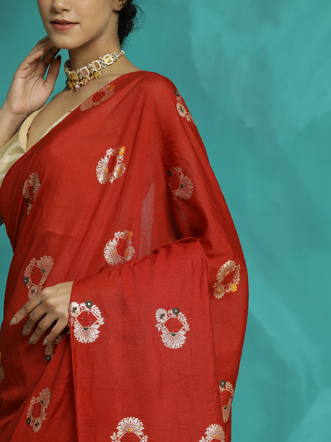 Red Silk Blend Party Wear Banarasi Saree