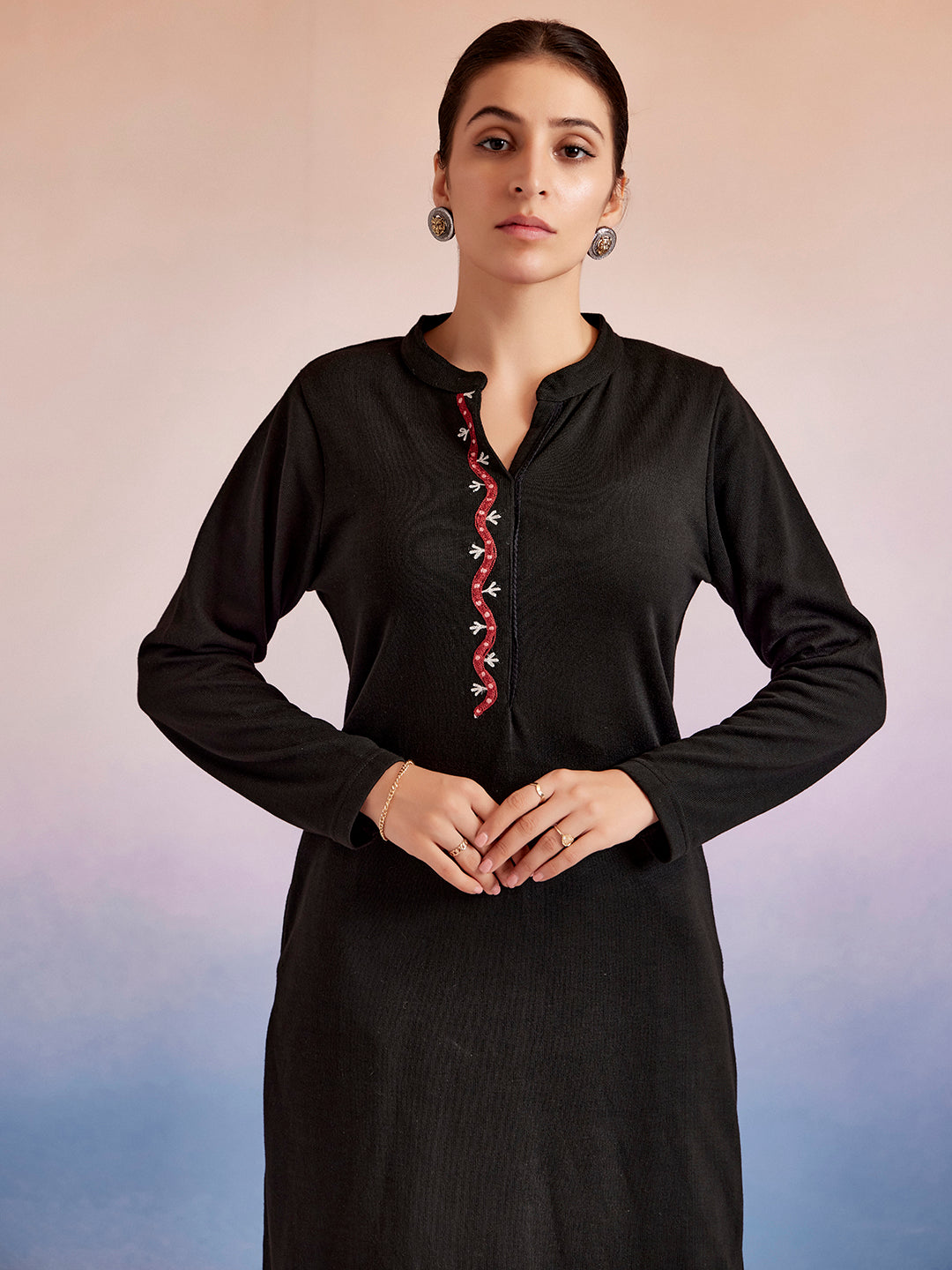 Black Embroidered Straight Woolen Kurta