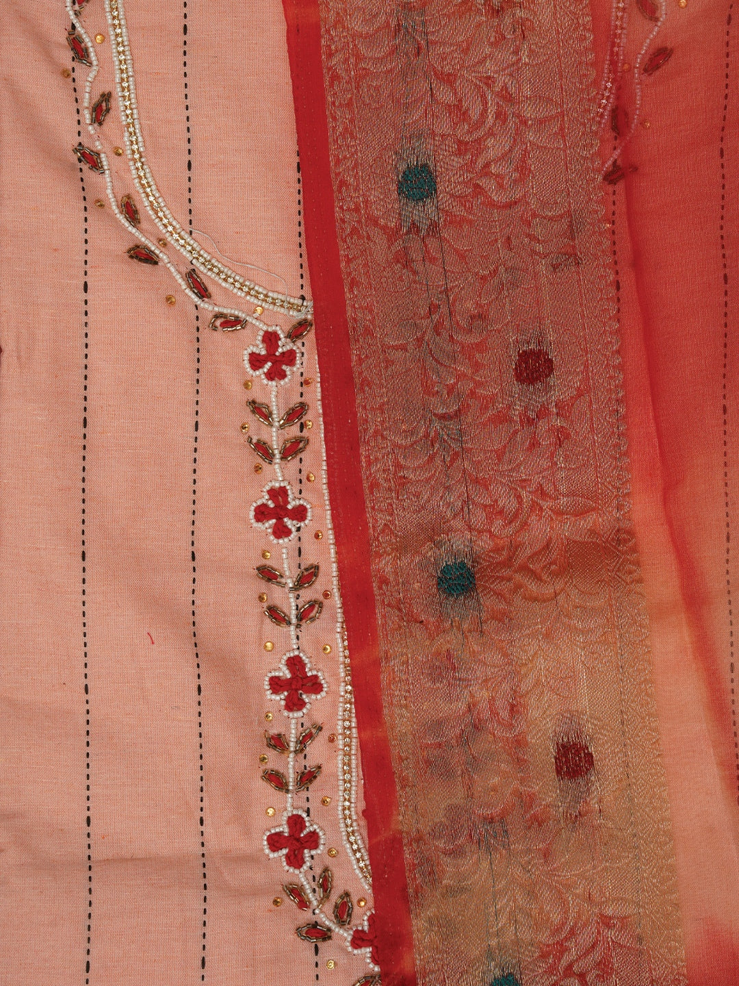 Peach Cotton Woven Design Embellished Dress Material with Dupatta