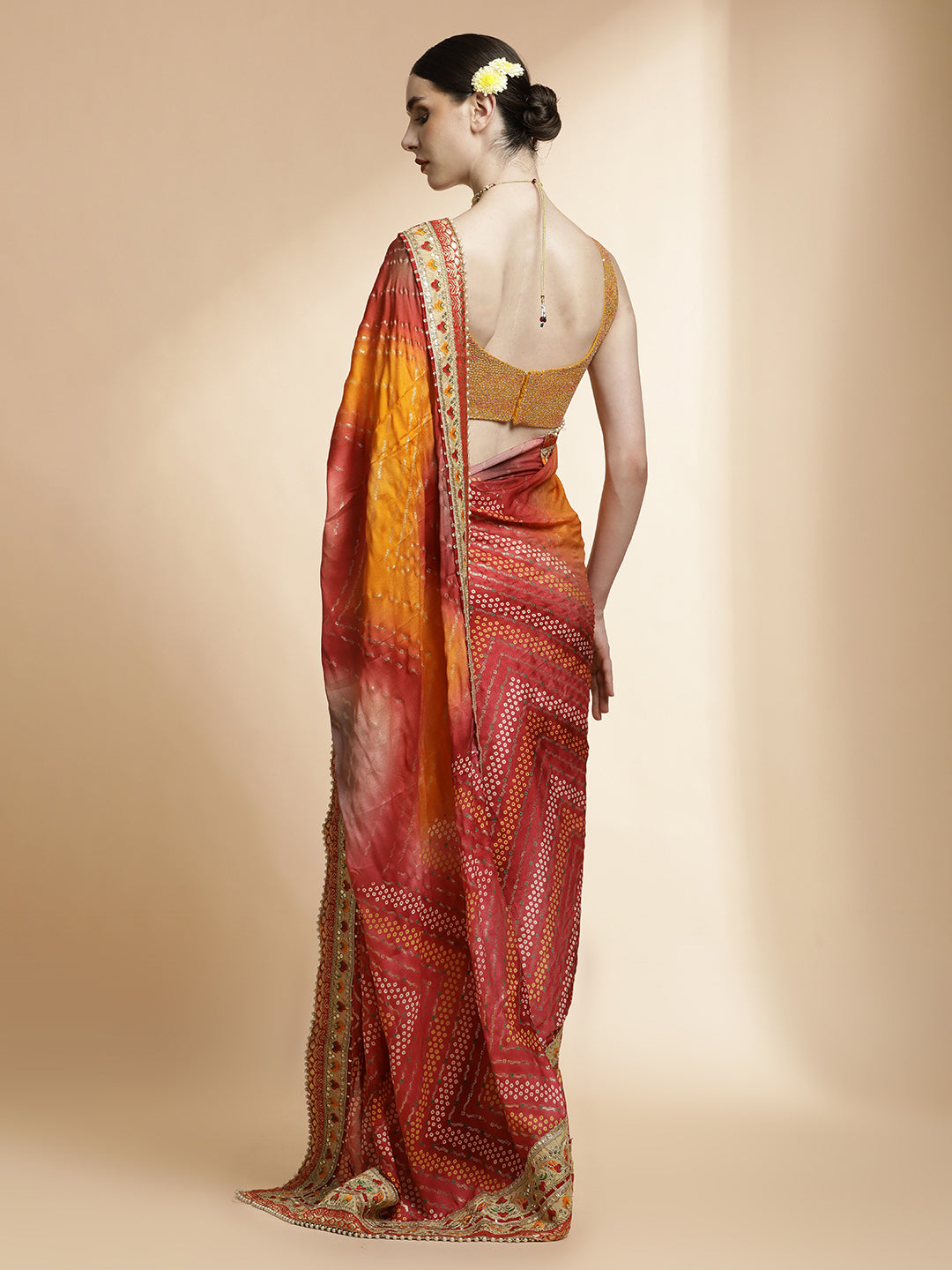 Traditional Bandhani Embroidered Yellow Pure Georgette Saree