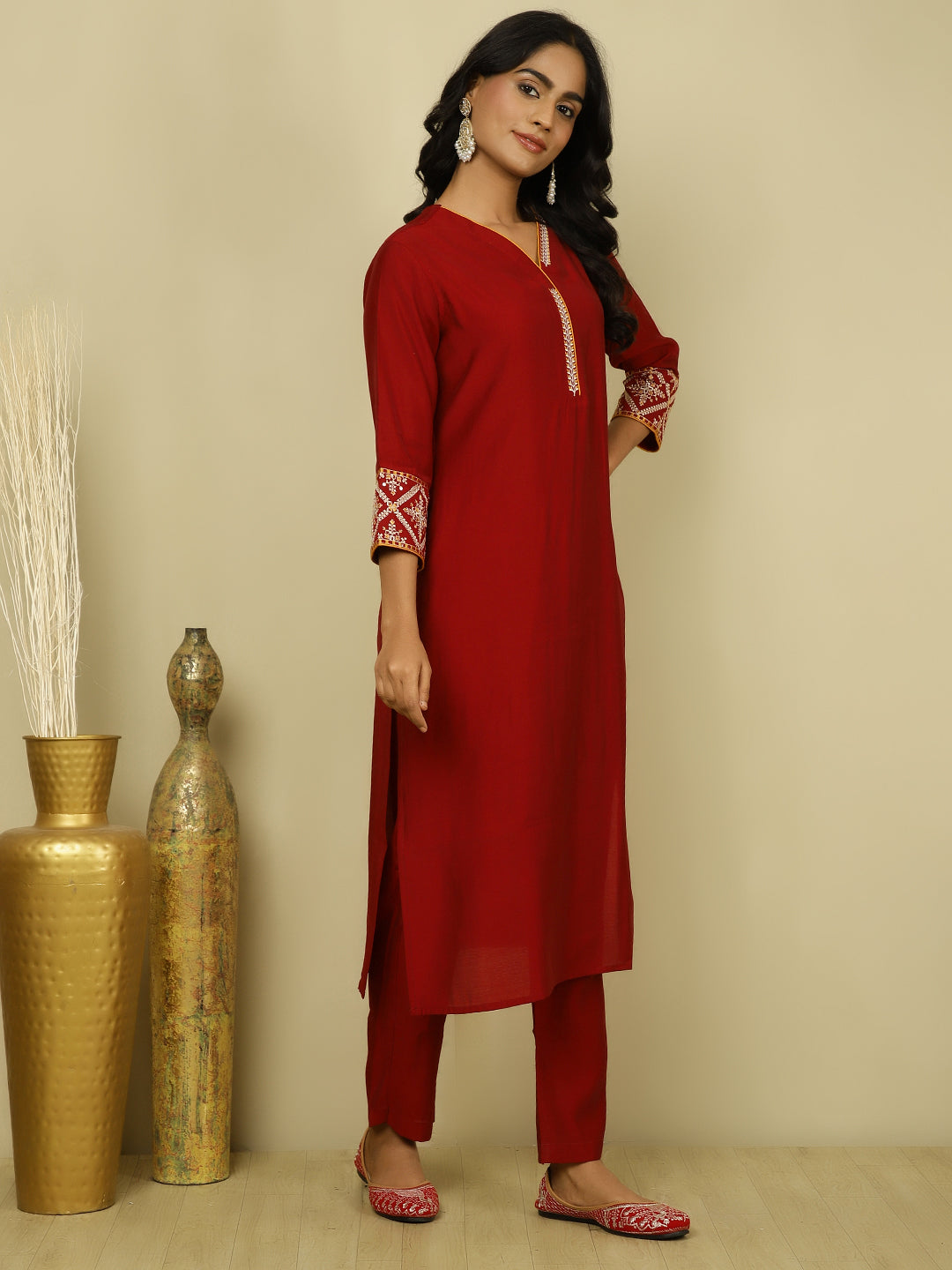 Maroon Silk Blend Embroidered Suit Set