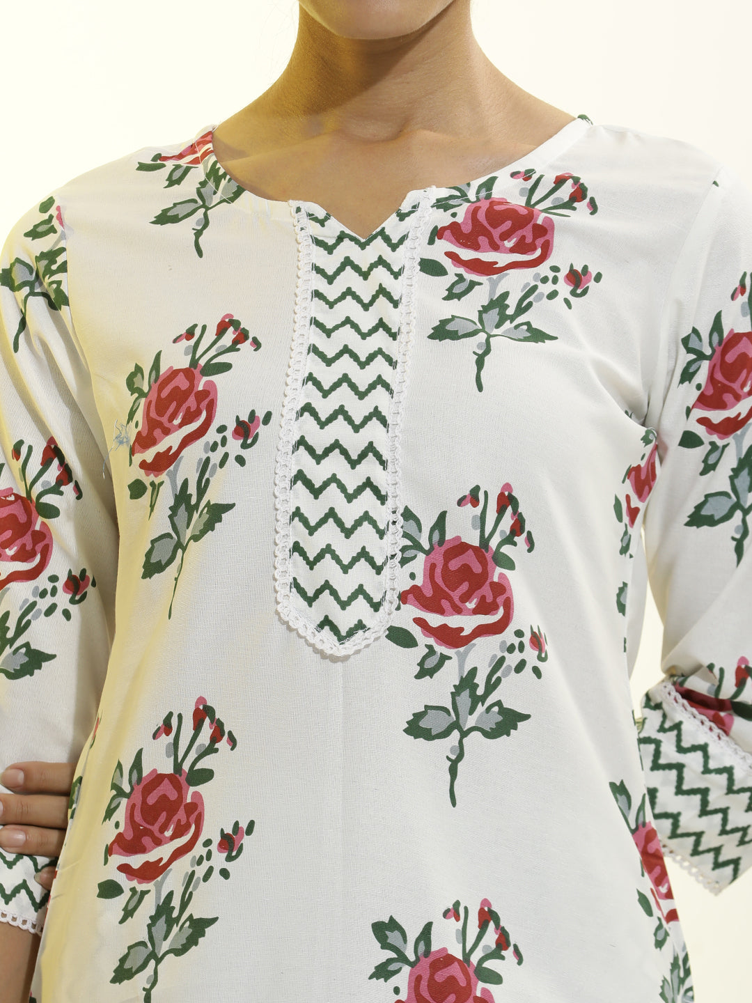 Floral Printed Cotton Straight White Kurta Set