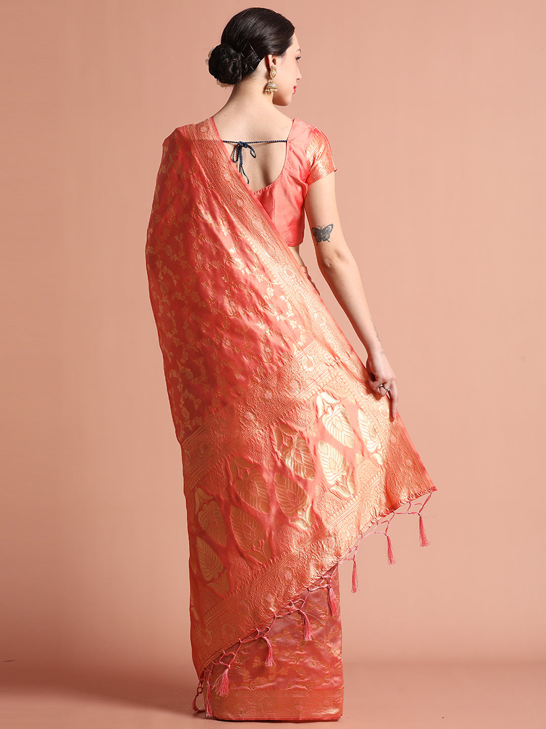 Rose Gold Silk Banarasi Zari Woven Heavy Saree