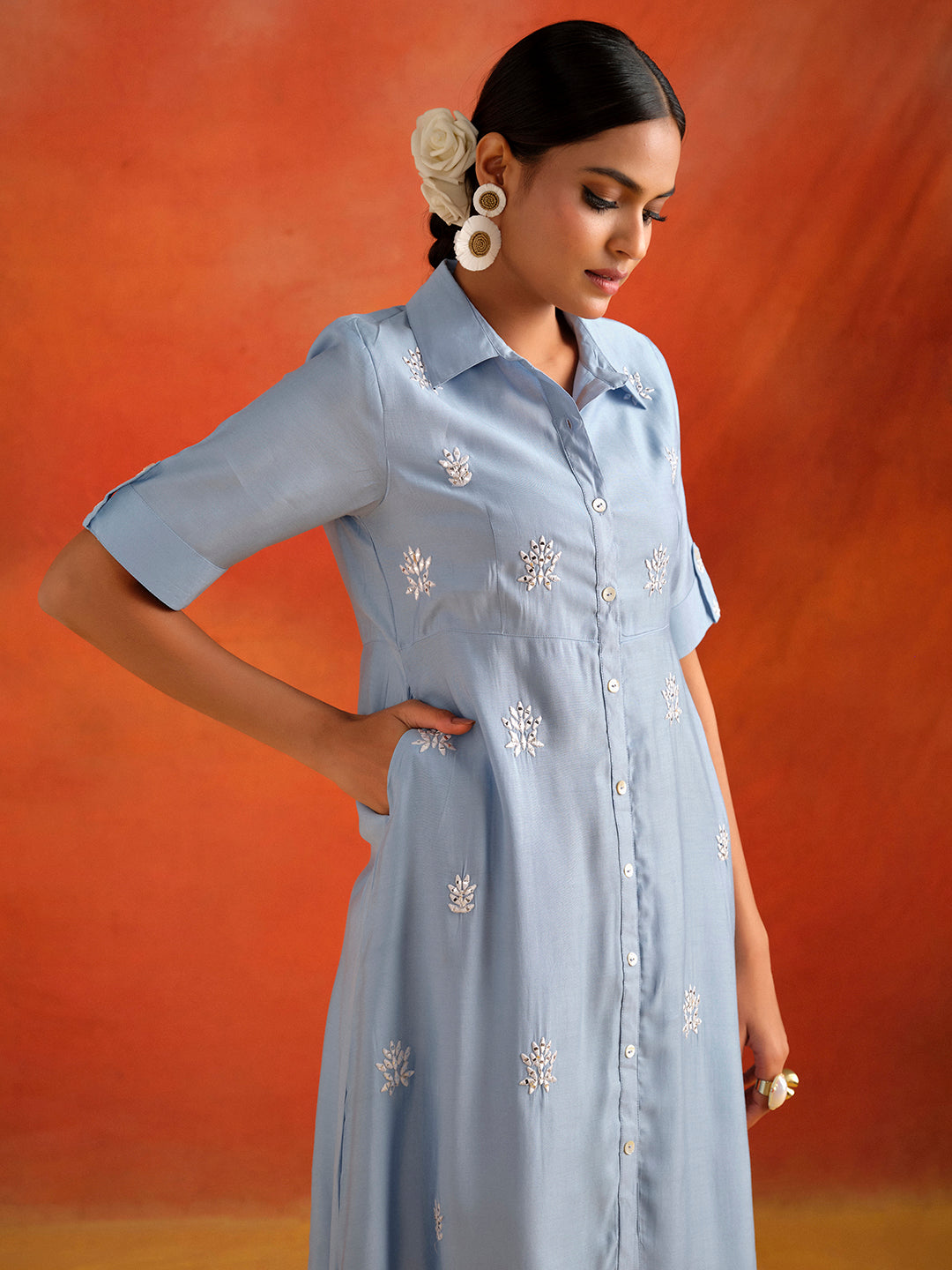 Blue Mirror Work Viscose Chanderi A-line Kurta