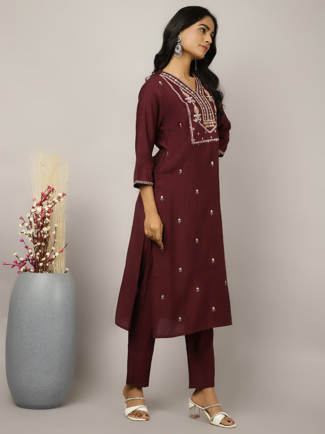 Silk Blend Wine Embroidered Suit Set