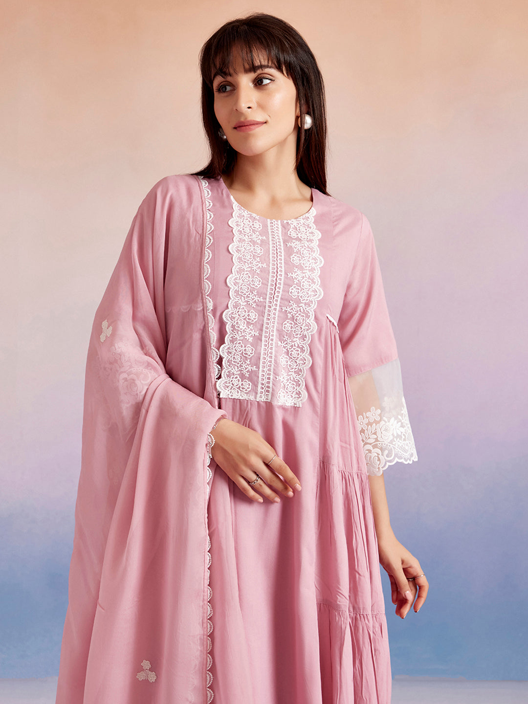 Lavender Embroidered Tiered Festive Kurta Set With Dupatta