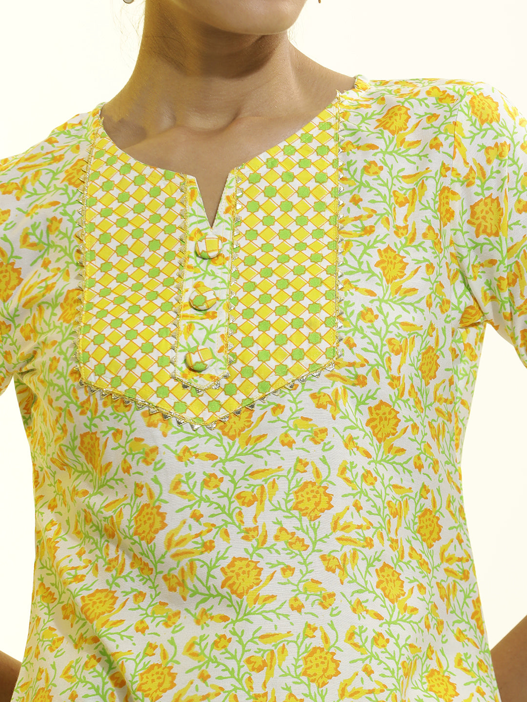 Floral Printed Cotton Blend Yellow Kurta Set