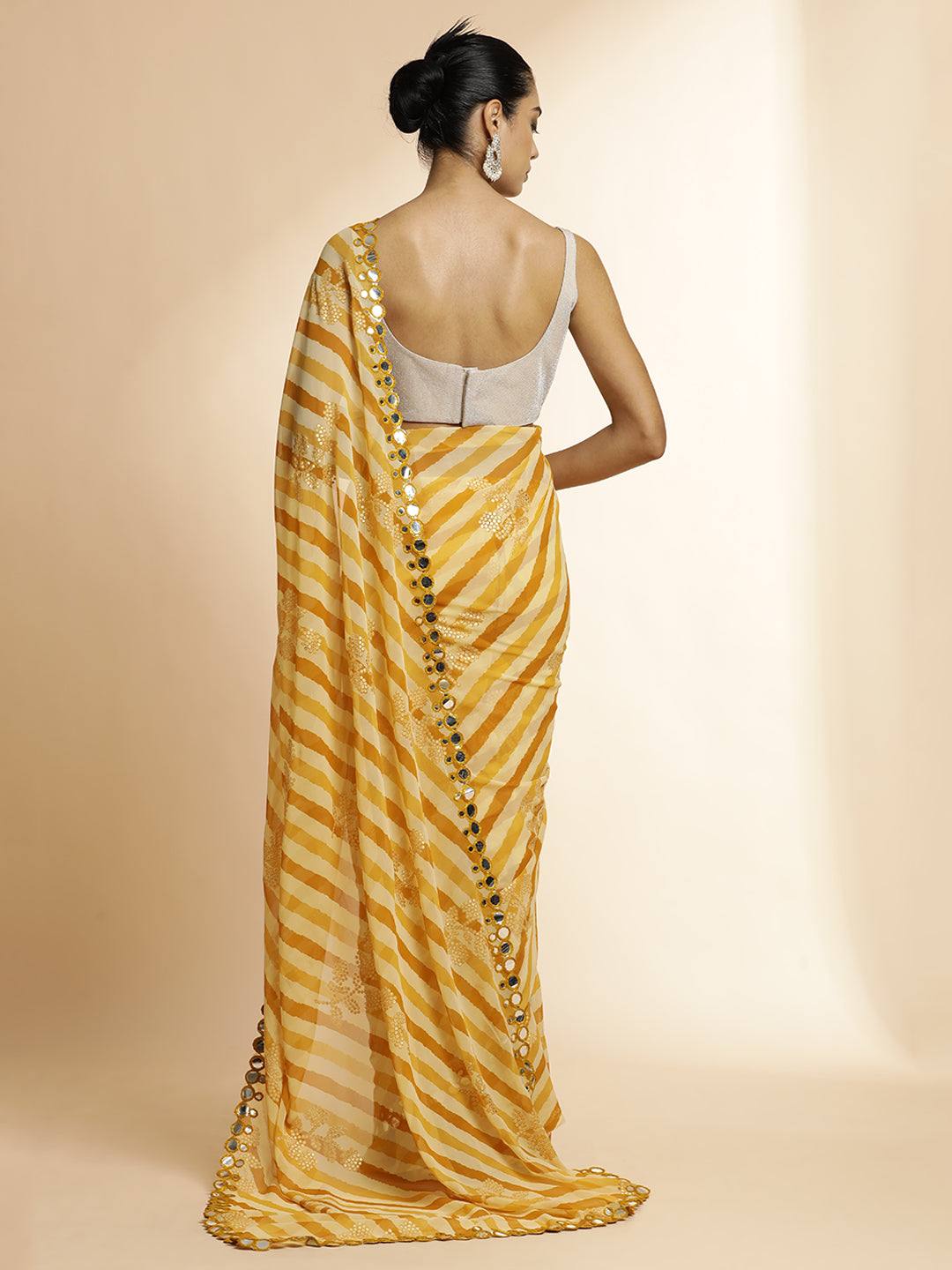 Pure Georgette Leheriya Mirror Work Yellow Saree