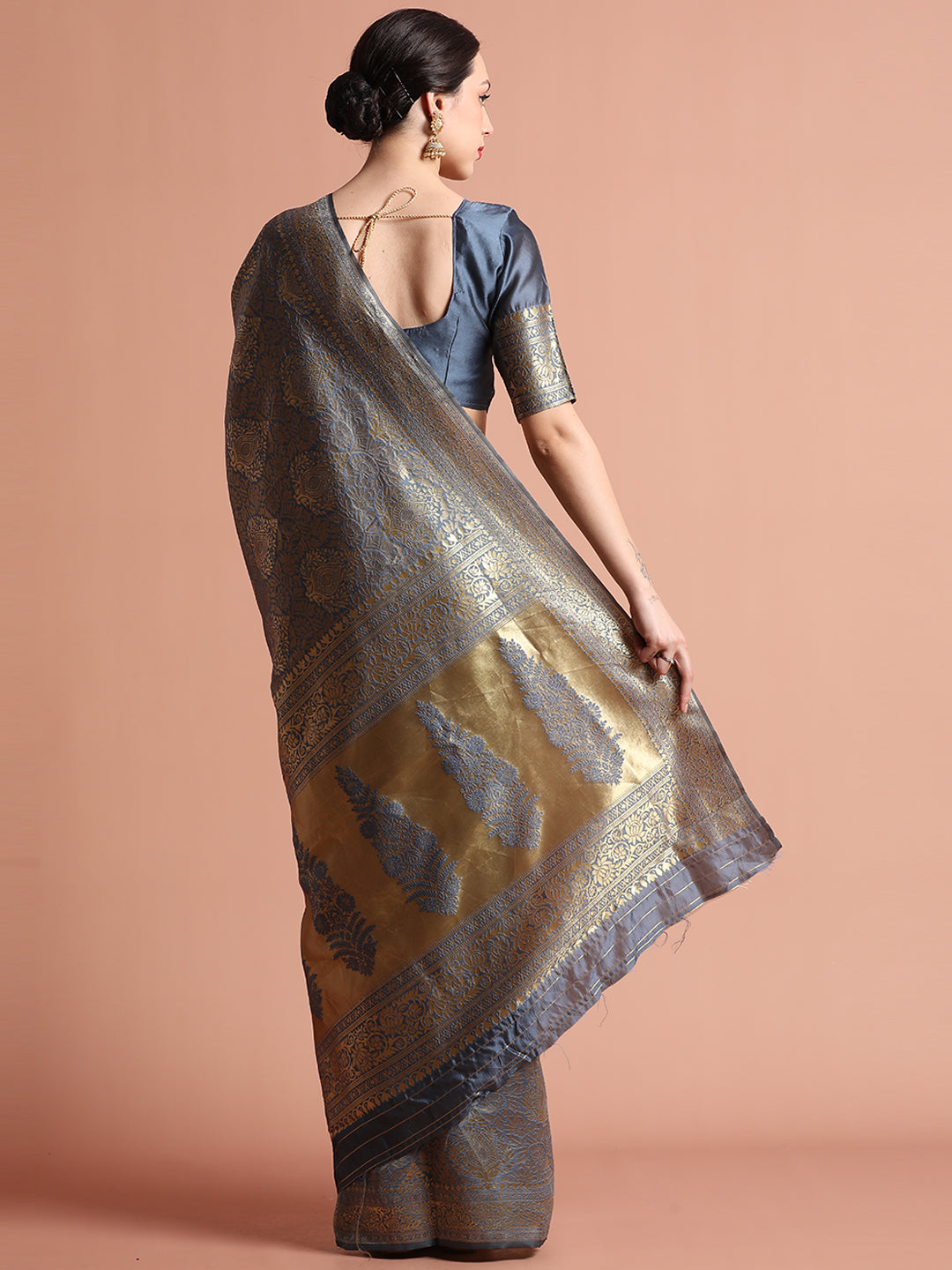 Heavy Banarasi Zari Woven Grey Silk Blend Saree